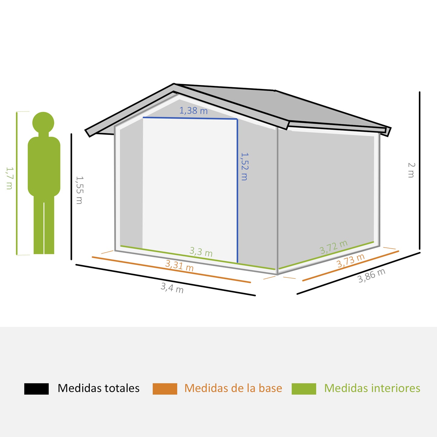 Outsunny Caseta de Jardín de Exterior Cobertizo de Jardín 12,4 m² 340x386x200 cm con 2 Puertas Corredizas Base Refuerzo (Suelo NO Incluido) para Patio Terraza Verde