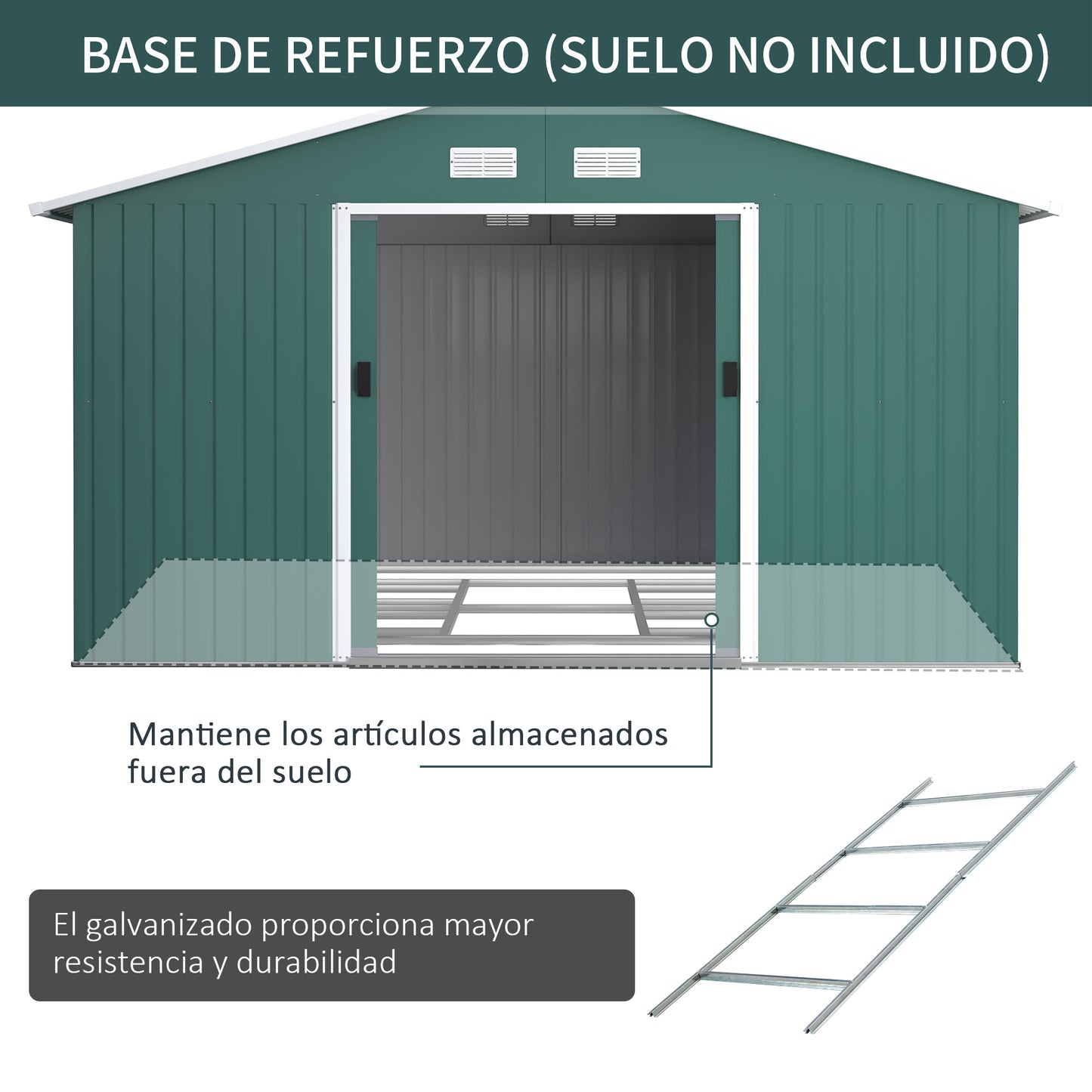 Outsunny Caseta de Jardín de Exterior Cobertizo de Jardín 12,4 m² 340x386x200 cm con 2 Puertas Corredizas Base Refuerzo (Suelo NO Incluido) para Patio Terraza Verde