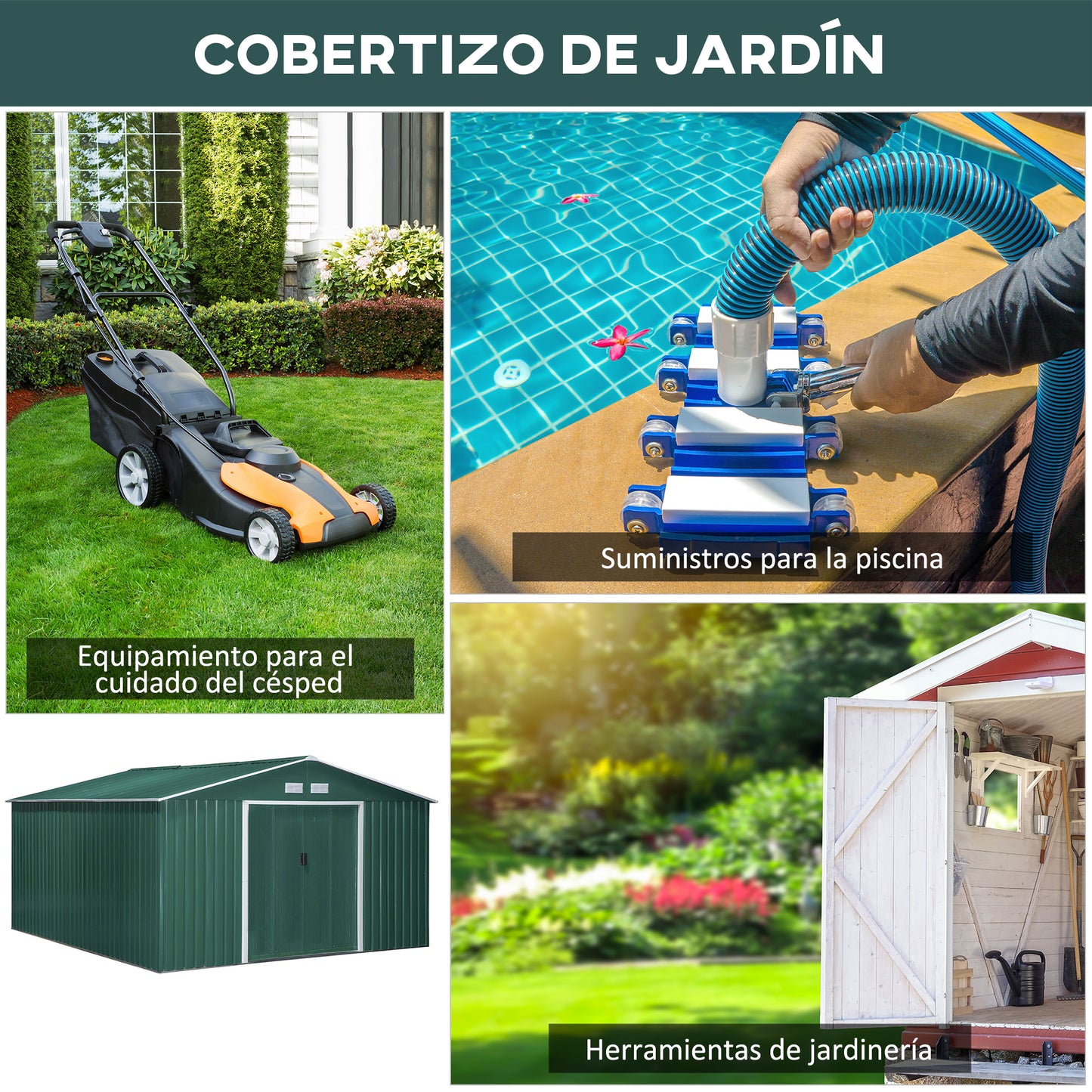 Outsunny Caseta de Jardín de Exterior Cobertizo de Jardín 12,4 m² 340x386x200 cm con 2 Puertas Corredizas Base Refuerzo (Suelo NO Incluido) para Patio Terraza Verde