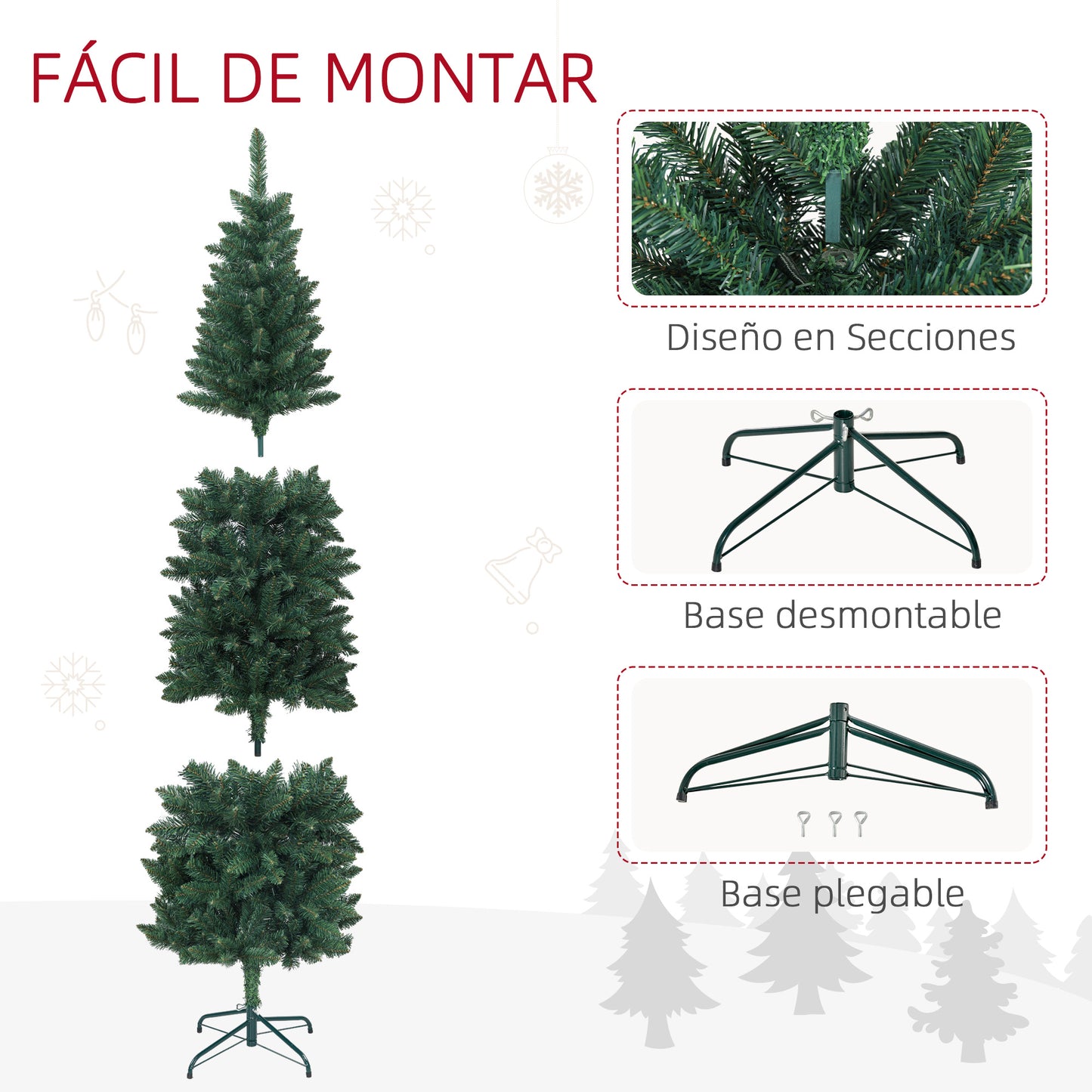 HOMCOM Árbol de Navidad Estrecho 210 cm Árbol de Navidad Grande Tipo Lápiz con Base Plegable y 687 Ramas para Dormitorio Oficina Verde