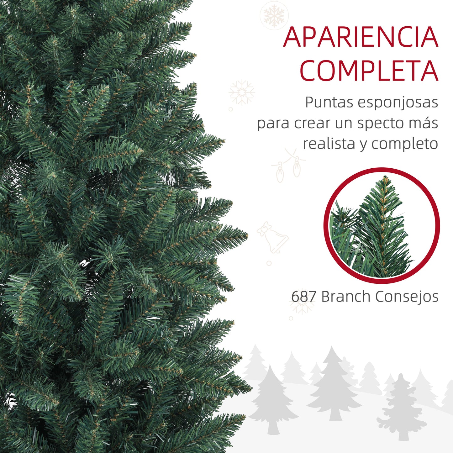 HOMCOM Árbol de Navidad Estrecho 210 cm Árbol de Navidad Grande Tipo Lápiz con Base Plegable y 687 Ramas para Dormitorio Oficina Verde