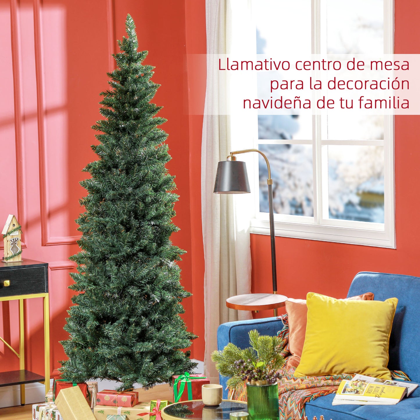 HOMCOM Árbol de Navidad Estrecho 210 cm Árbol de Navidad Grande Tipo Lápiz con Base Plegable y 687 Ramas para Dormitorio Oficina Verde