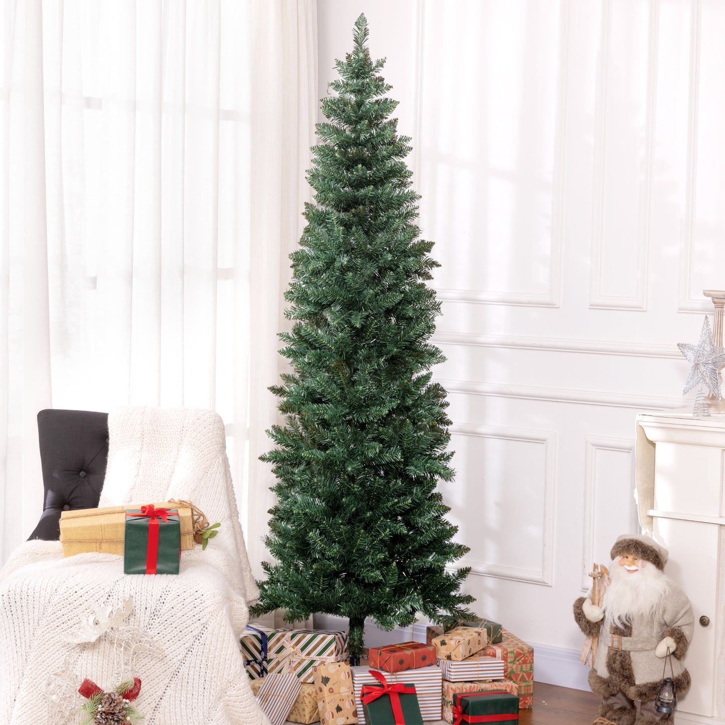 HOMCOM Árbol de Navidad Estrecho 210 cm Árbol de Navidad Grande Tipo Lápiz con Base Plegable y 687 Ramas para Dormitorio Oficina Verde