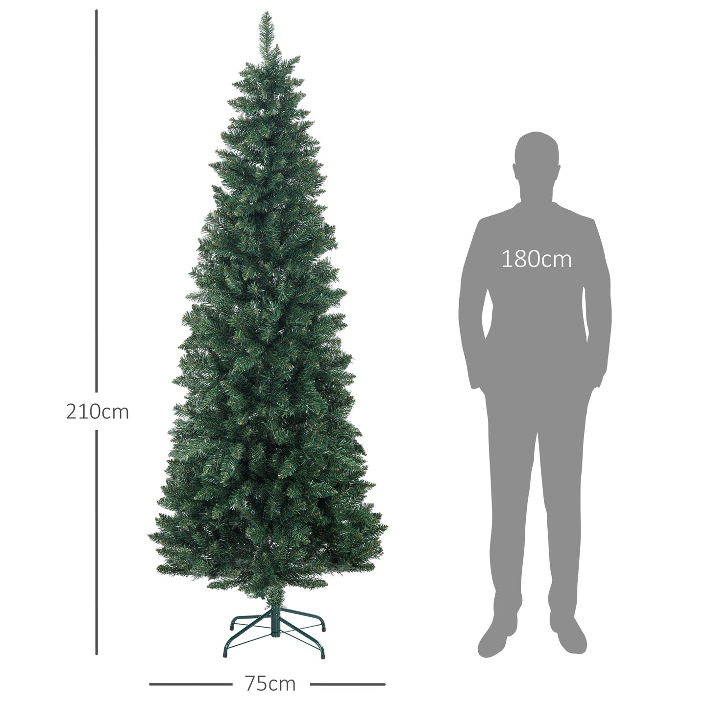 HOMCOM Árbol de Navidad Estrecho 210 cm Árbol de Navidad Grande Tipo Lápiz con Base Plegable y 687 Ramas para Dormitorio Oficina Verde