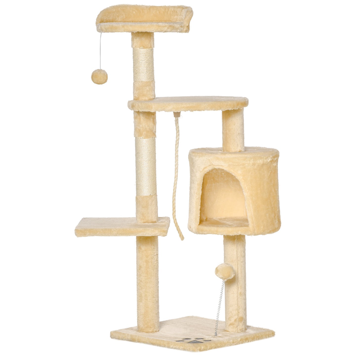 PawHut Árbol para gatos Rascador Grande con Plataformas Casetas Bolas de Juego 114cm Cubierto de Felpa Beige