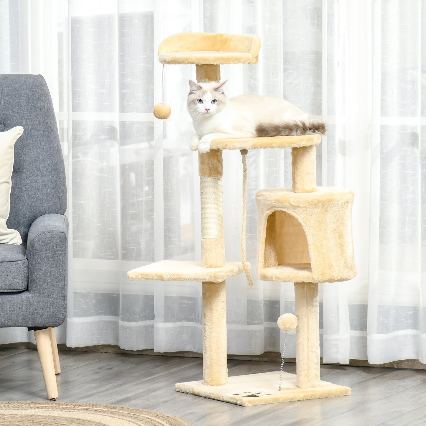 PawHut Árbol para gatos Rascador Grande con Plataformas Casetas Bolas de Juego 114cm Cubierto de Felpa Beige