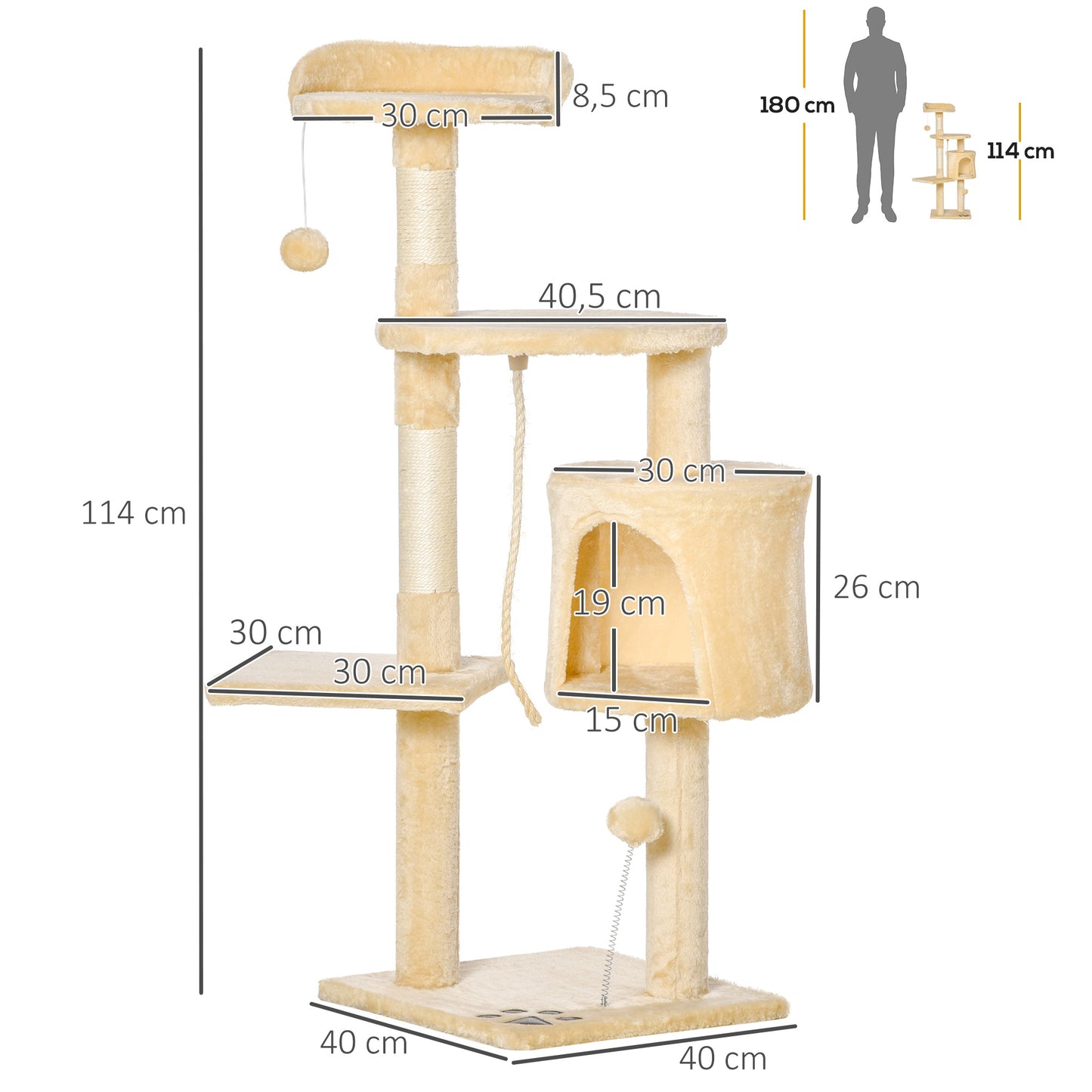 PawHut Árbol para gatos Rascador Grande con Plataformas Casetas Bolas de Juego 114cm Cubierto de Felpa Beige