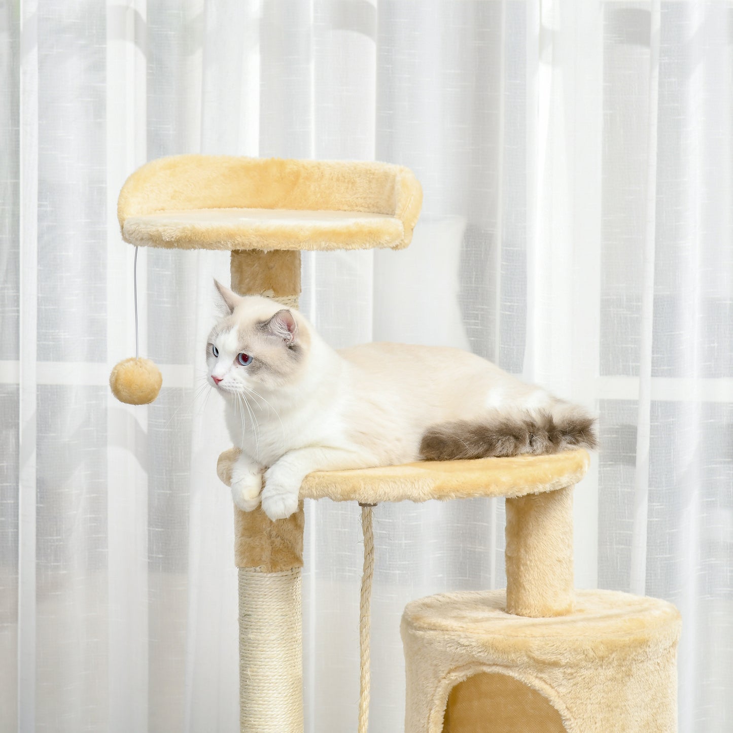 PawHut Árbol para gatos Rascador Grande con Plataformas Casetas Bolas de Juego 114cm Cubierto de Felpa Beige