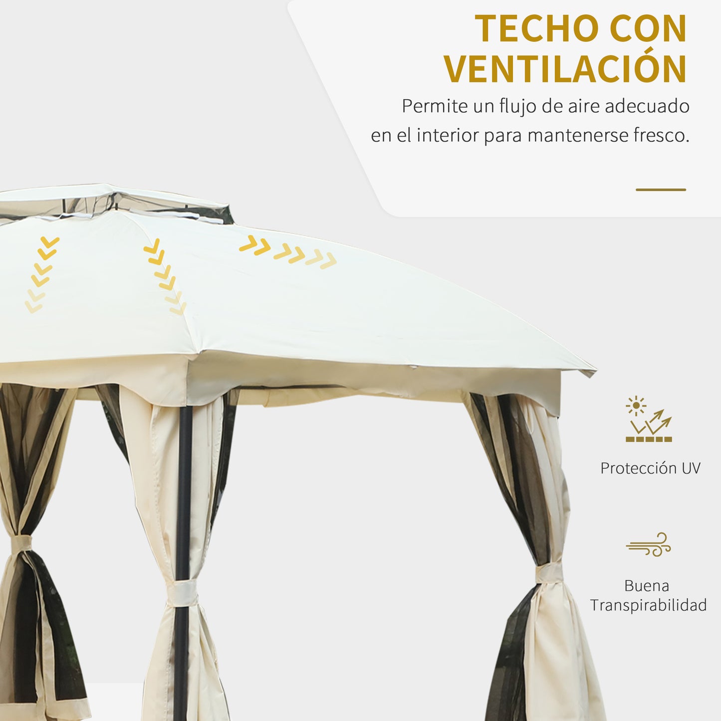 Outsunny Cenador de Jardín 3x3,7x2,8 m Gazebo Pabellón de Exterior con Techo 4 Paredes Laterales 4 Mosquiteras Gancho y Marco Metálico para Patio Crema