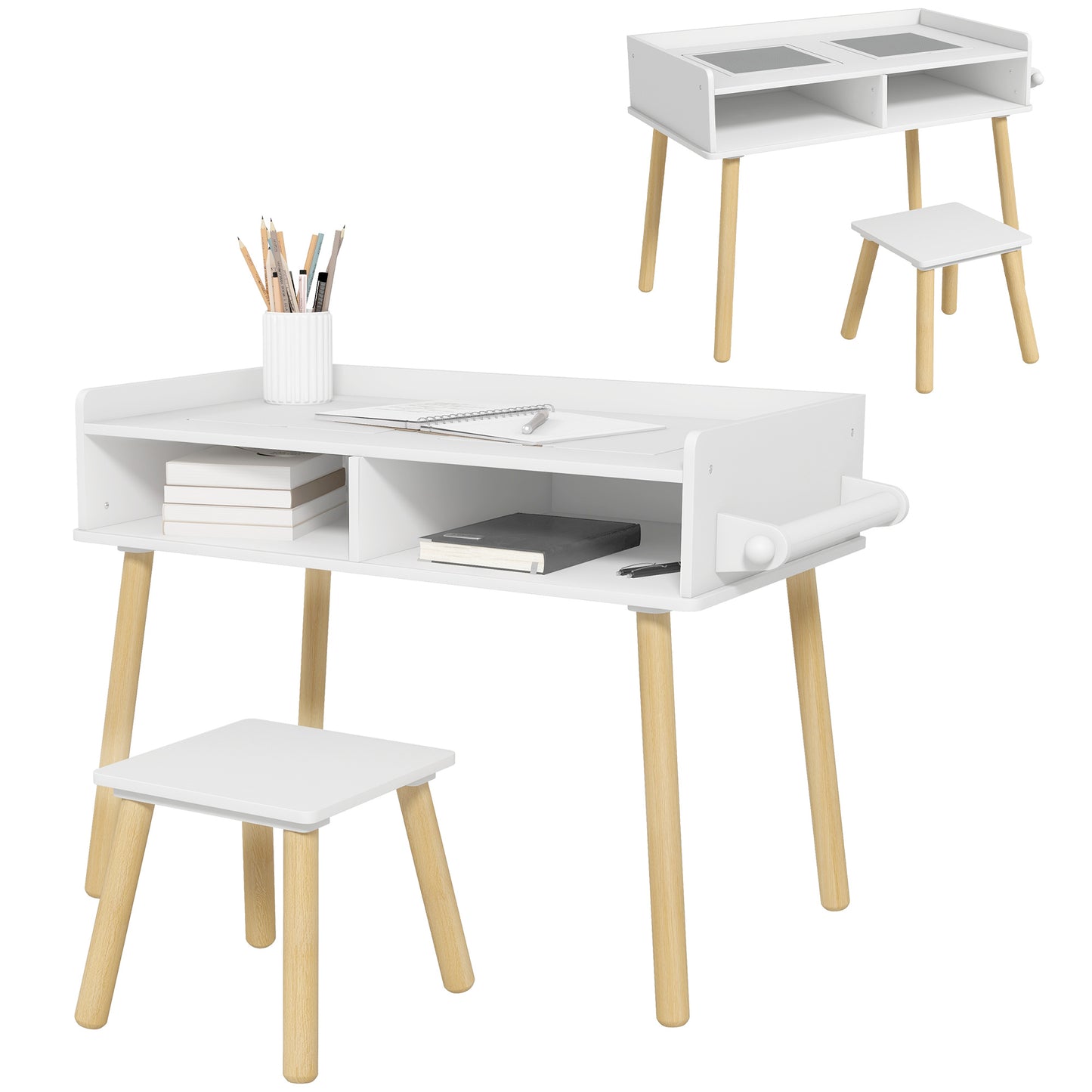 HOMCOM Juego de Mesa y Silla Infantil Mesa para Niños con Tablero de Bloques de Construcción y Rollo de Papel para Jugar Dibujar en Guardería Sala de Juegos Blanco