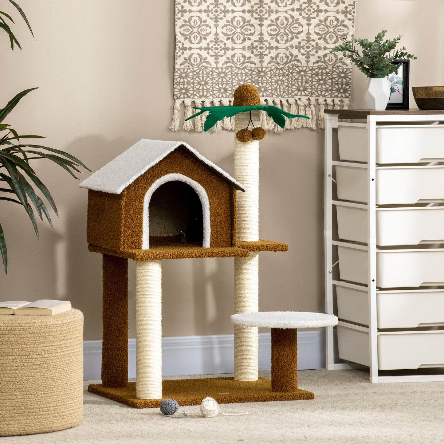 PawHut Árbol Rascador para Gatos Altura 89 cm Torre para Gatos con Caseta de Felpa Plataforma Poste en Forma de Coco de Sisal y Bolas Colgantes 55x40x89 cm Marrón