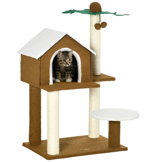 PawHut Árbol Rascador para Gatos Altura 89 cm Torre para Gatos con Caseta de Felpa Plataforma Poste en Forma de Coco de Sisal y Bolas Colgantes 55x40x89 cm Marrón