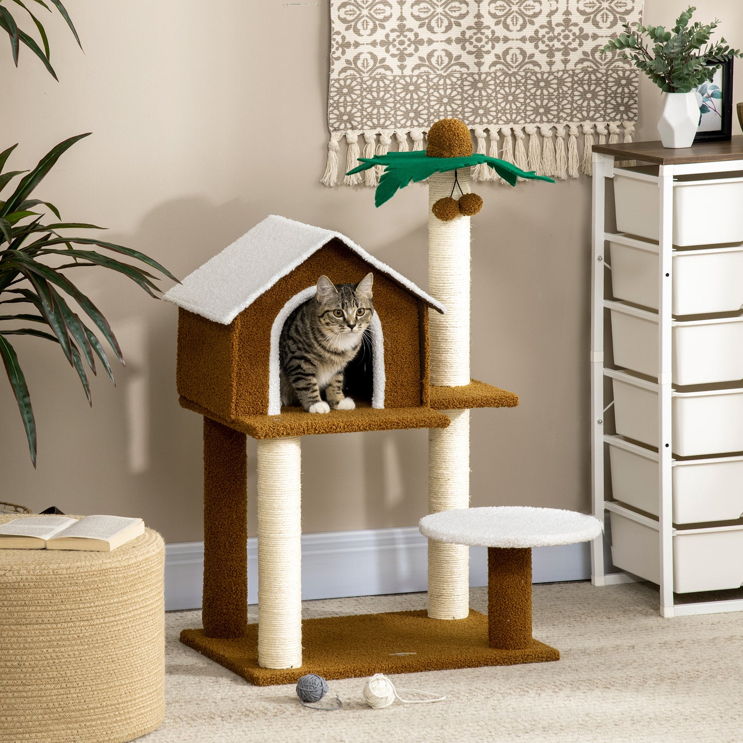 PawHut Árbol Rascador para Gatos Altura 89 cm Torre para Gatos con Caseta de Felpa Plataforma Poste en Forma de Coco de Sisal y Bolas Colgantes 55x40x89 cm Marrón