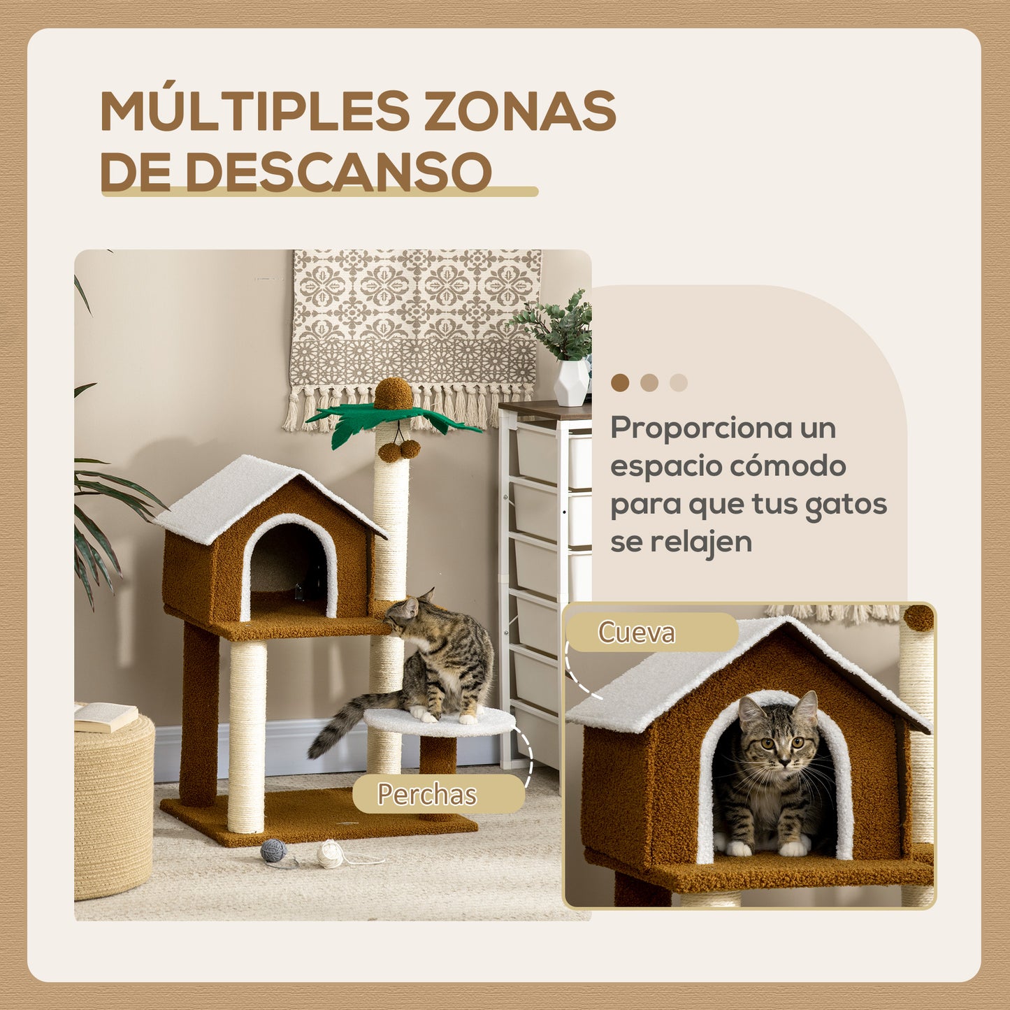 PawHut Árbol Rascador para Gatos Altura 89 cm Torre para Gatos con Caseta de Felpa Plataforma Poste en Forma de Coco de Sisal y Bolas Colgantes 55x40x89 cm Marrón