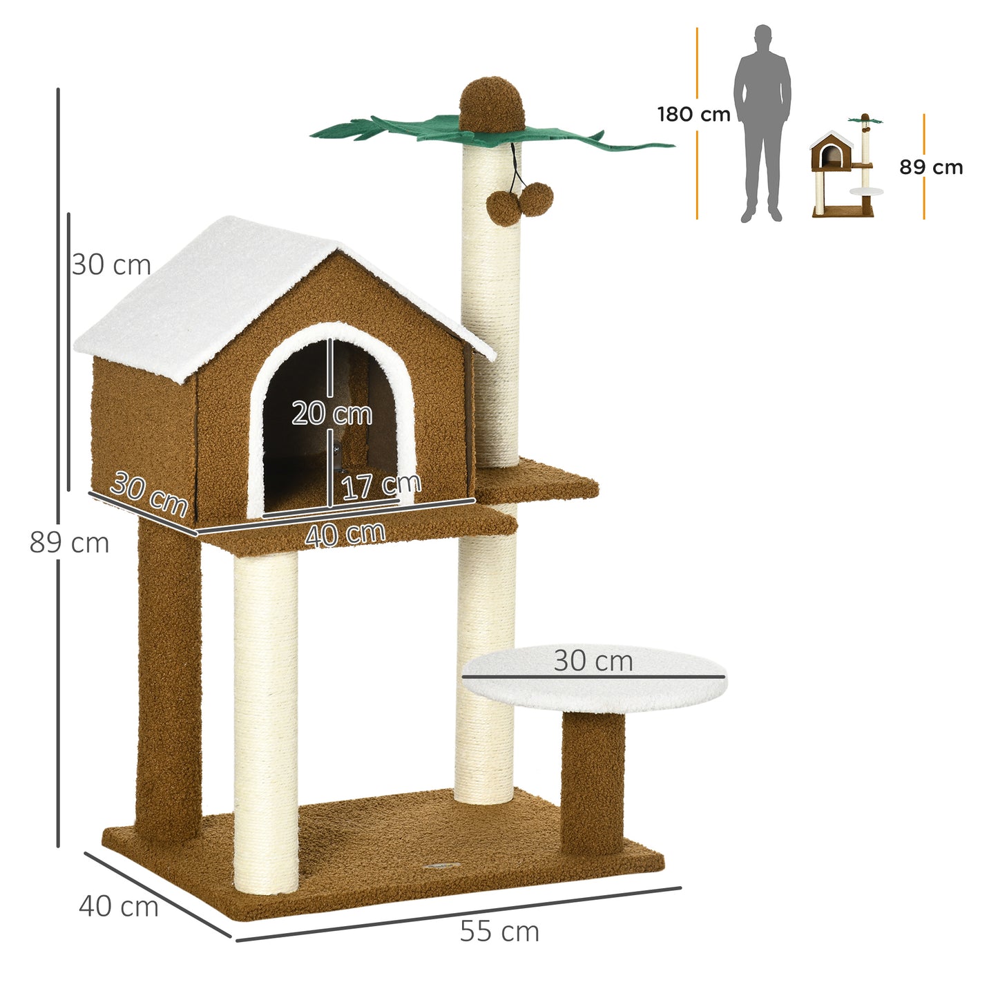 PawHut Árbol Rascador para Gatos Altura 89 cm Torre para Gatos con Caseta de Felpa Plataforma Poste en Forma de Coco de Sisal y Bolas Colgantes 55x40x89 cm Marrón