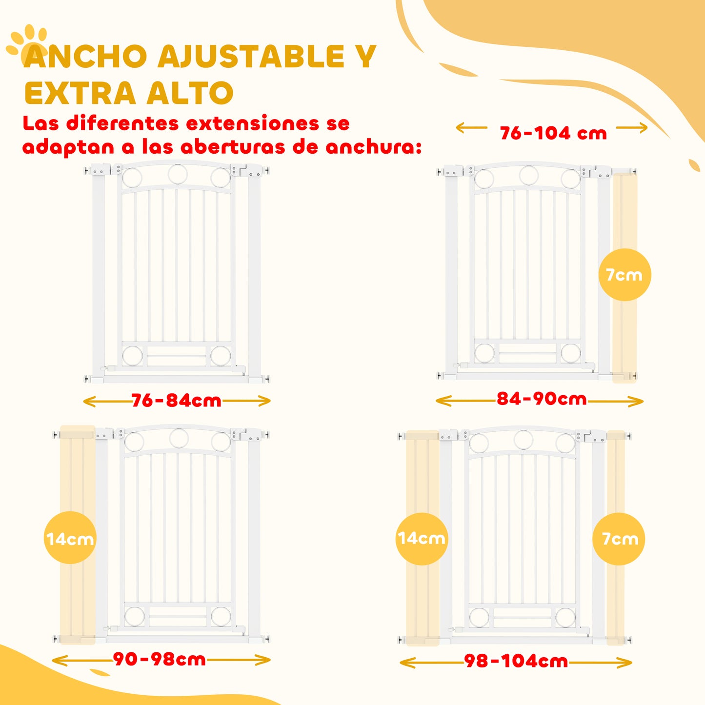 PawHut Barrera para Perros Puerta para Perros con Ancho Ajustable 76-104 cm Barrera de Seguridad para Perros Altura 96 cm con 2 Extensiones para Escaleras y Puertas Blanco