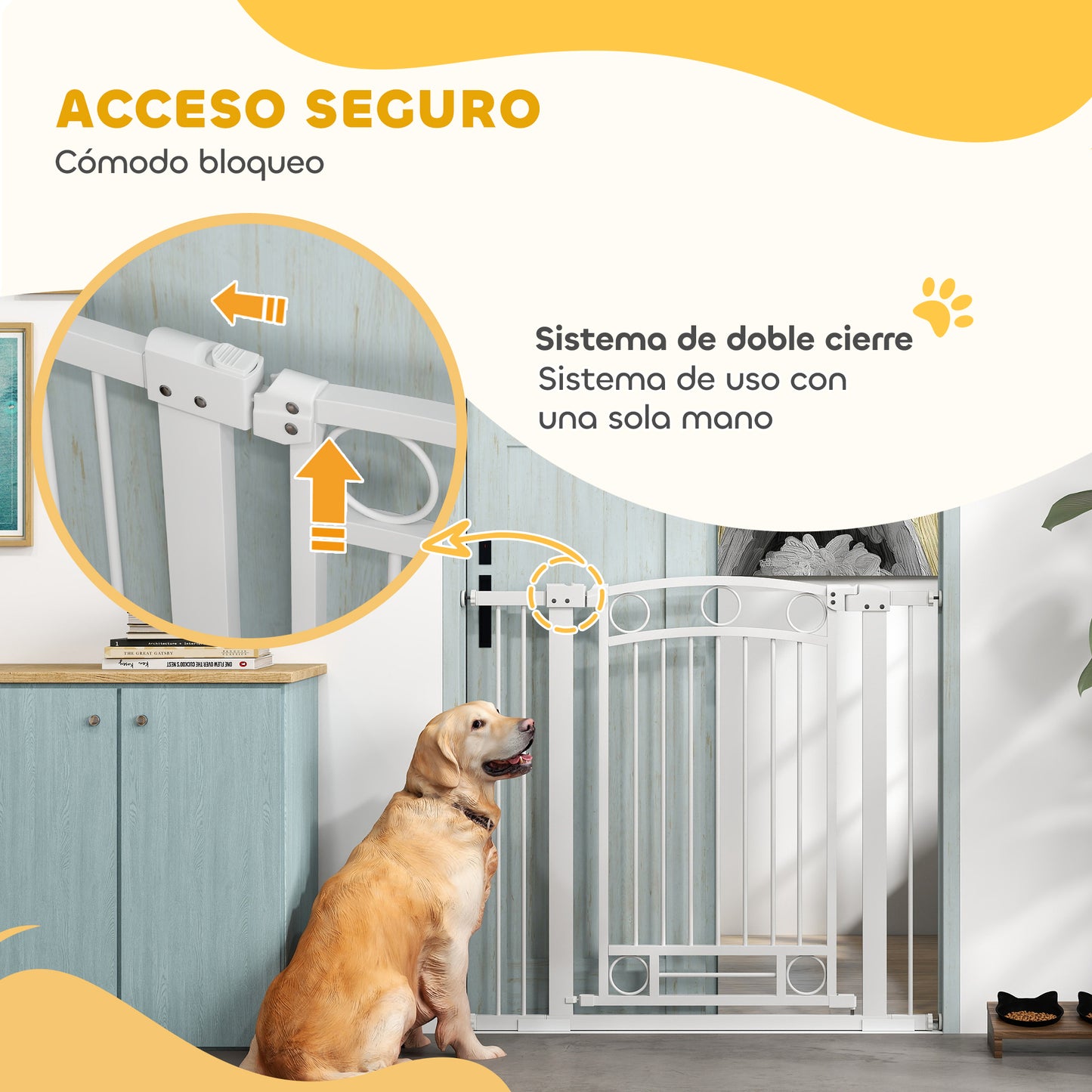 PawHut Barrera para Perros Puerta para Perros con Ancho Ajustable 76-104 cm Barrera de Seguridad para Perros Altura 96 cm con 2 Extensiones para Escaleras y Puertas Blanco