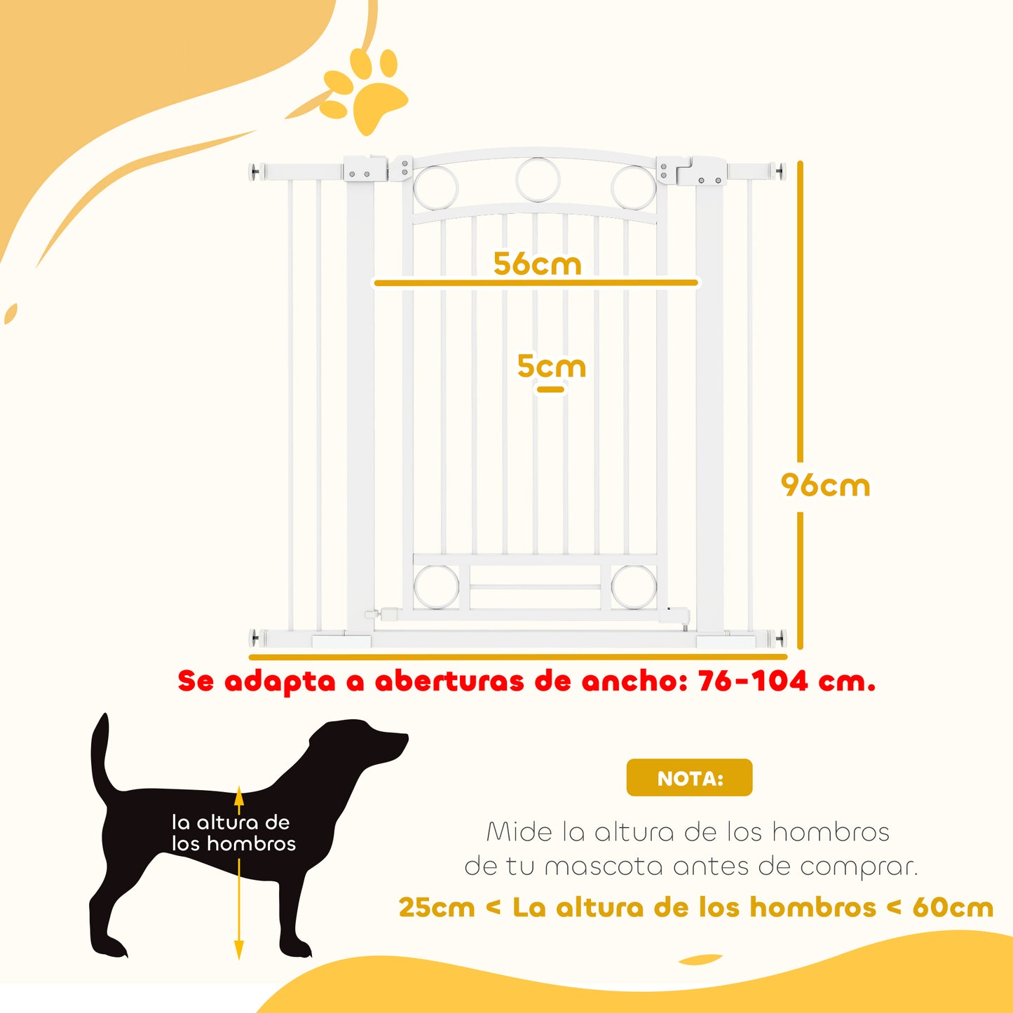 PawHut Barrera para Perros Puerta para Perros con Ancho Ajustable 76-104 cm Barrera de Seguridad para Perros Altura 96 cm con 2 Extensiones para Escaleras y Puertas Blanco