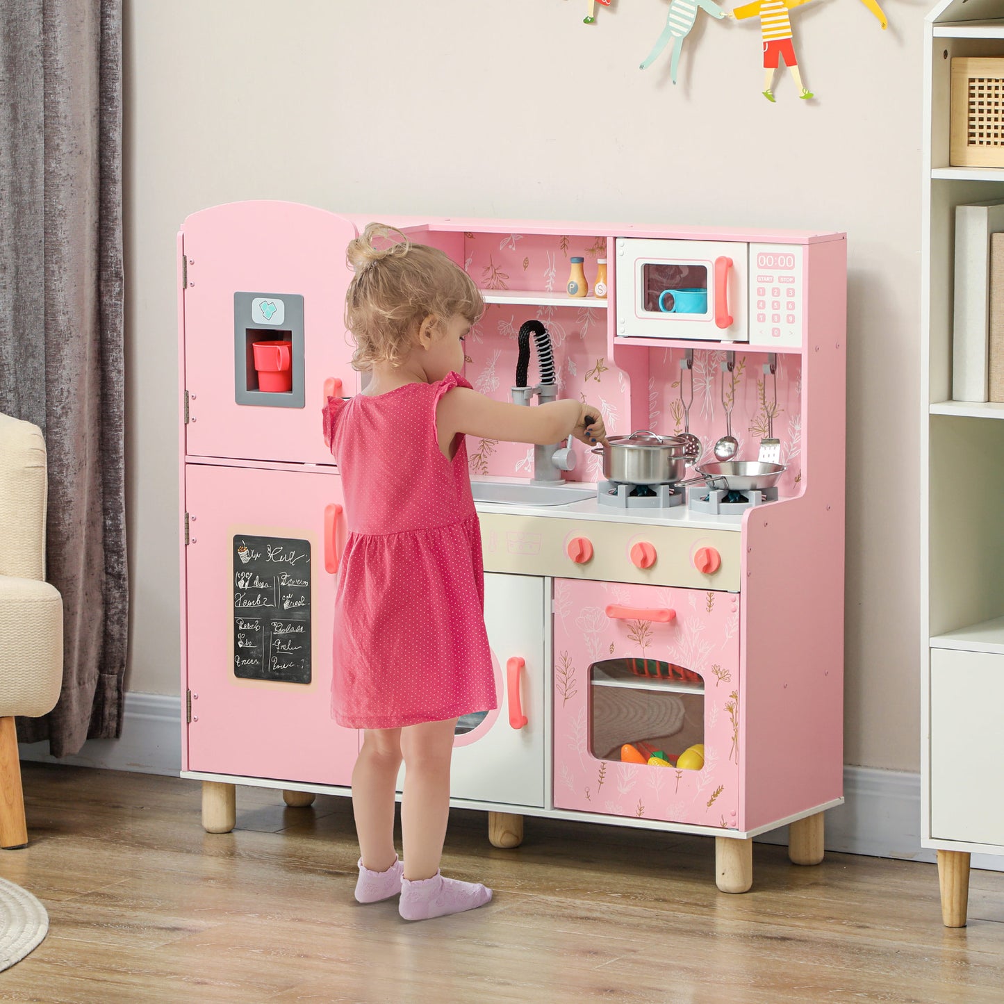 AIYAPLAY Cocina de Juguete para Niños +3 Años Cocina de Madera Infantil Cocinita Infantil con Sonido Fogón Horno Grifo Fregadero Microondas Lavadora Máquina de Hielo y Accesorios de Cocina Rosa