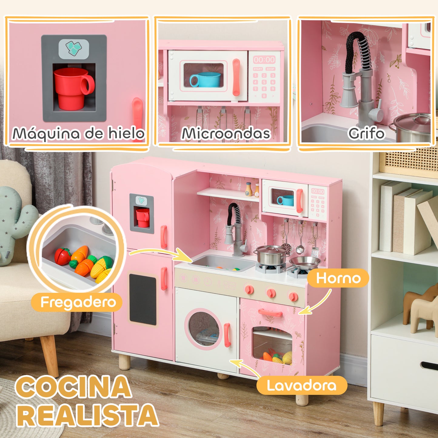 AIYAPLAY Cocina de Juguete para Niños +3 Años Cocina de Madera Infantil Cocinita Infantil con Sonido Fogón Horno Grifo Fregadero Microondas Lavadora Máquina de Hielo y Accesorios de Cocina Rosa