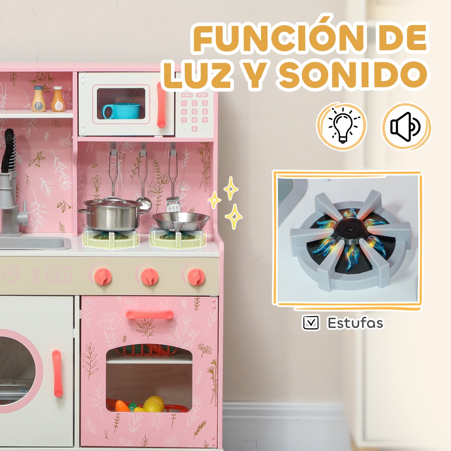 AIYAPLAY Cocina de Juguete para Niños +3 Años Cocina de Madera Infantil Cocinita Infantil con Sonido Fogón Horno Grifo Fregadero Microondas Lavadora Máquina de Hielo y Accesorios de Cocina Rosa