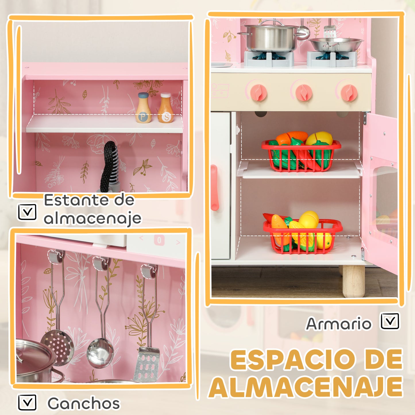 AIYAPLAY Cocina de Juguete para Niños +3 Años Cocina de Madera Infantil Cocinita Infantil con Sonido Fogón Horno Grifo Fregadero Microondas Lavadora Máquina de Hielo y Accesorios de Cocina Rosa