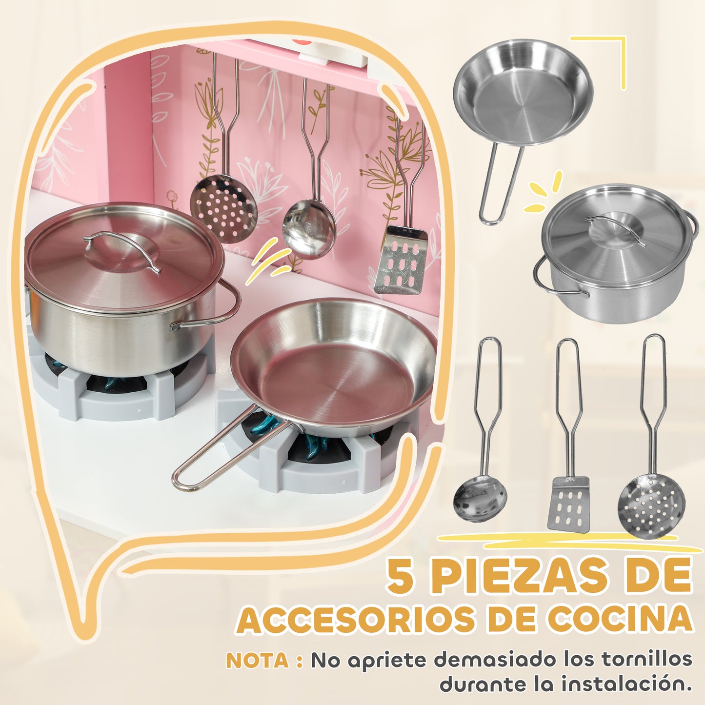 AIYAPLAY Cocina de Juguete para Niños +3 Años Cocina de Madera Infantil Cocinita Infantil con Sonido Fogón Horno Grifo Fregadero Microondas Lavadora Máquina de Hielo y Accesorios de Cocina Rosa