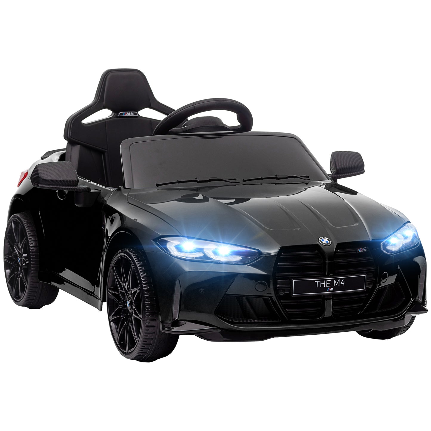 AIYAPLAY Coche Eléctrico para Niños BMW M4 Coche de Batería para Niños 12V con Mando a Distancia Faros Bocina Música Velocidad 3-5 km/h Cinturón de Seguridad Negro