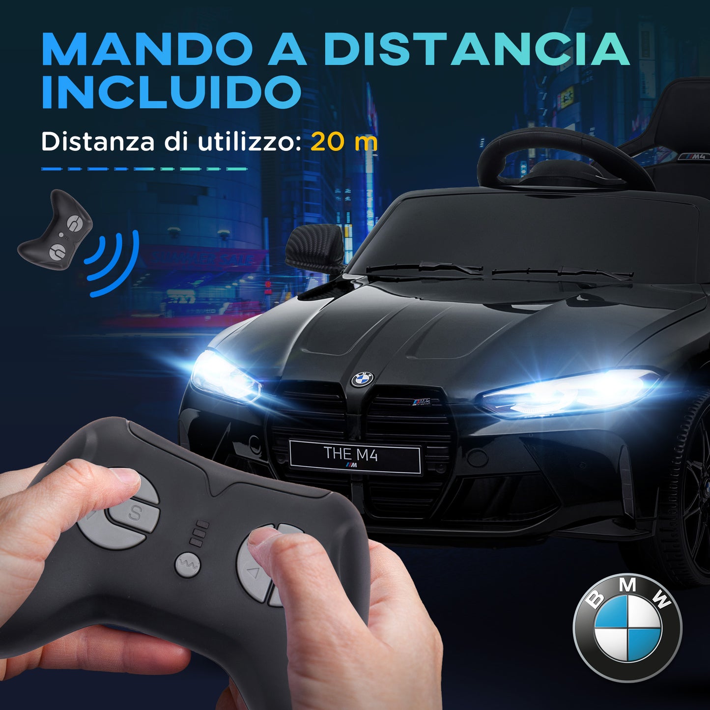 AIYAPLAY Coche Eléctrico para Niños BMW M4 Coche de Batería para Niños 12V con Mando a Distancia Faros Bocina Música Velocidad 3-5 km/h Cinturón de Seguridad Negro