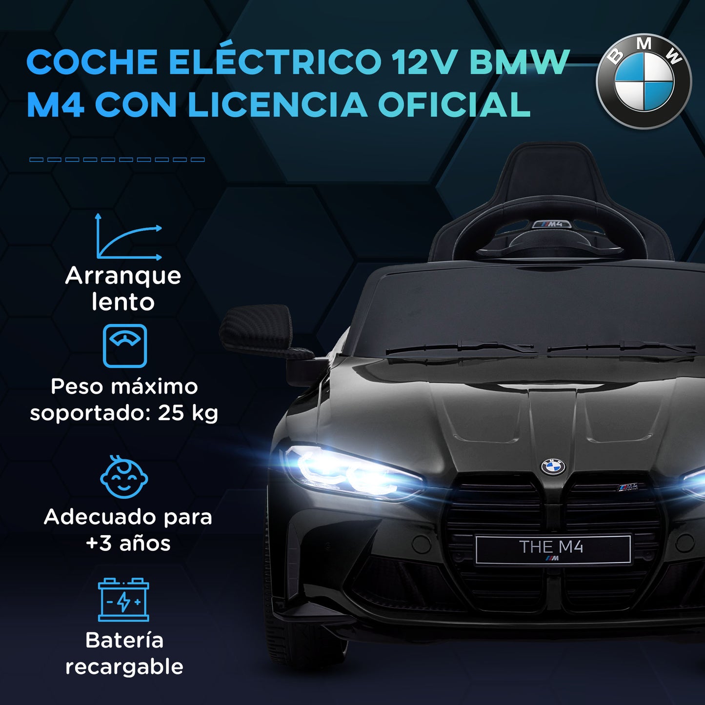 AIYAPLAY Coche Eléctrico para Niños BMW M4 Coche de Batería para Niños 12V con Mando a Distancia Faros Bocina Música Velocidad 3-5 km/h Cinturón de Seguridad Negro