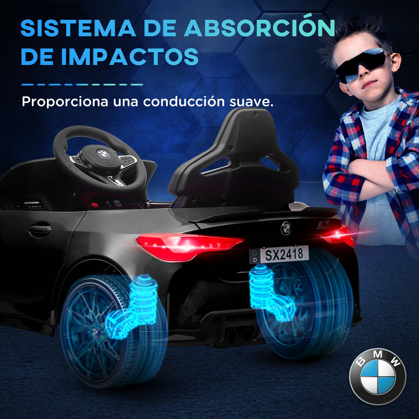 AIYAPLAY Coche Eléctrico para Niños BMW M4 Coche de Batería para Niños 12V con Mando a Distancia Faros Bocina Música Velocidad 3-5 km/h Cinturón de Seguridad Negro