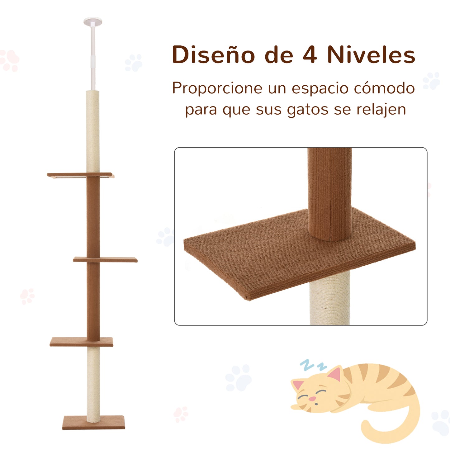 PawHut Árbol para Gatos Rascador 43x27x228-260 cm de Suelo a Techo para Gatos Ajustable en Altura con 4 Plataformas Espaciosas Poste de Sisal Natural Marrón