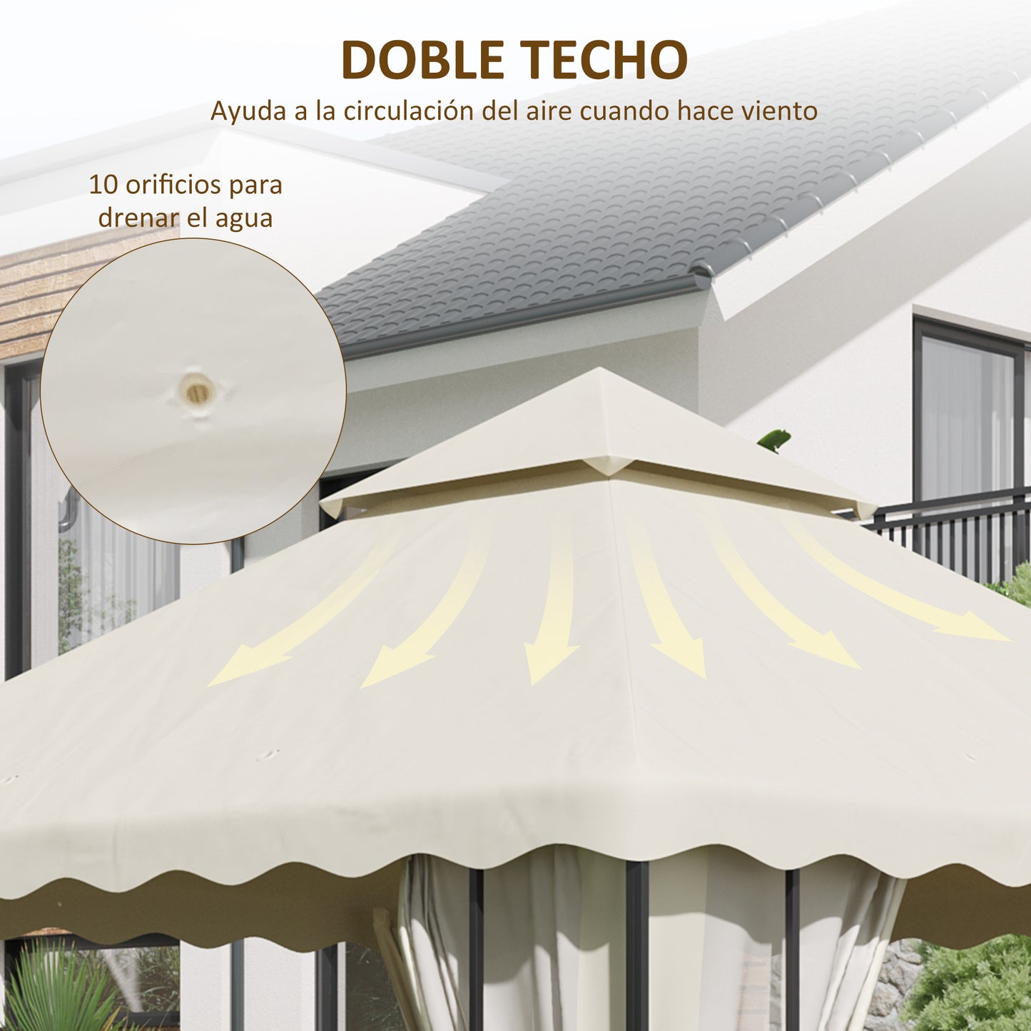 Outsunny Techo de Repuesto para Cenador 3x3 m Cubierta de Repuesto con Techo Doble y 10 Orificios de Drenaje Tela Poliéster para Carpa Pabellón Gazebo Crema