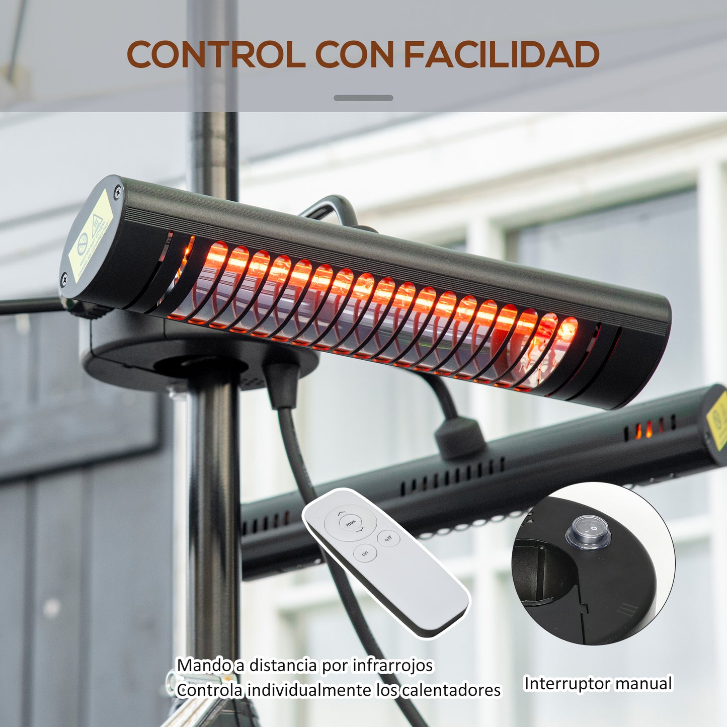 Outsunny Calefactor Eléctrico de Exterior con 1000W/2000W/3000W Estufa de Infrarrojos con Control Remoto Protección IPX5 Aleación de Aluminio para Sombrilla Gazebo Jardín 87x75x22 cm Negro