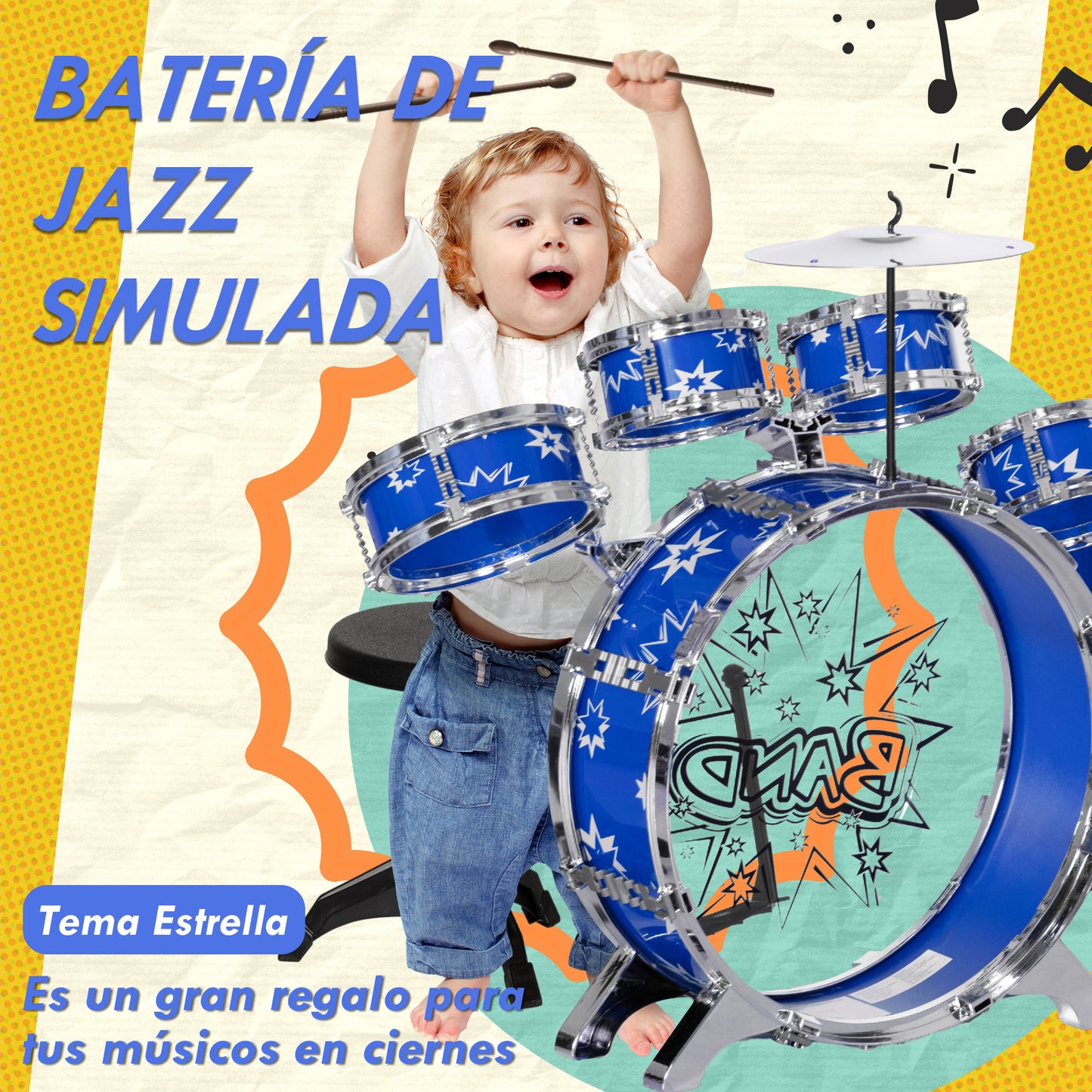 AIYAPLAY Batería Infantil con Taburete Batería para Niños de +3 Años con Tambores Bombo Platillo Pedal y Baquetas Diseño con Tema de Estrellas 65x22x57 cm Azul