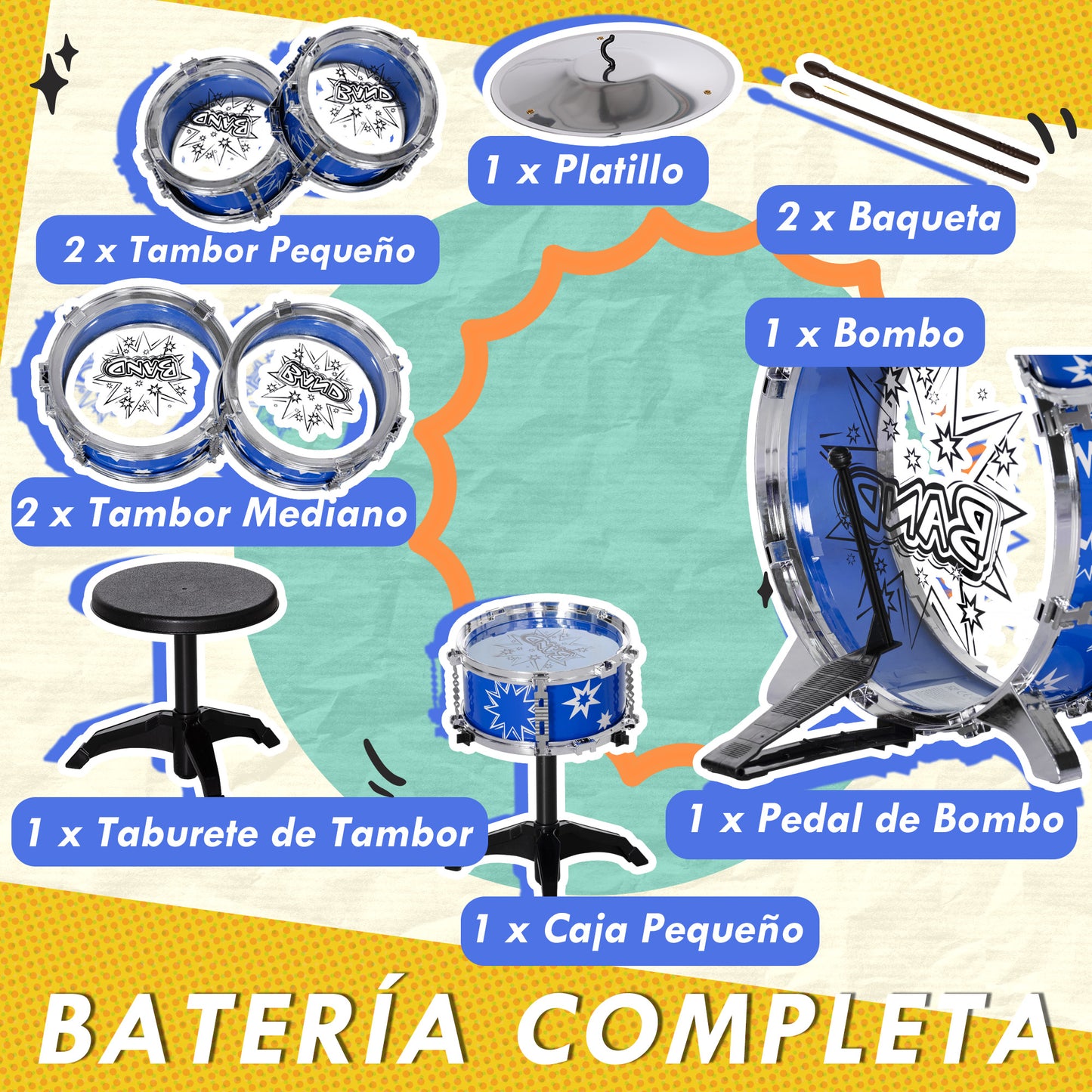 AIYAPLAY Batería Infantil con Taburete Batería para Niños de +3 Años con Tambores Bombo Platillo Pedal y Baquetas Diseño con Tema de Estrellas 65x22x57 cm Azul