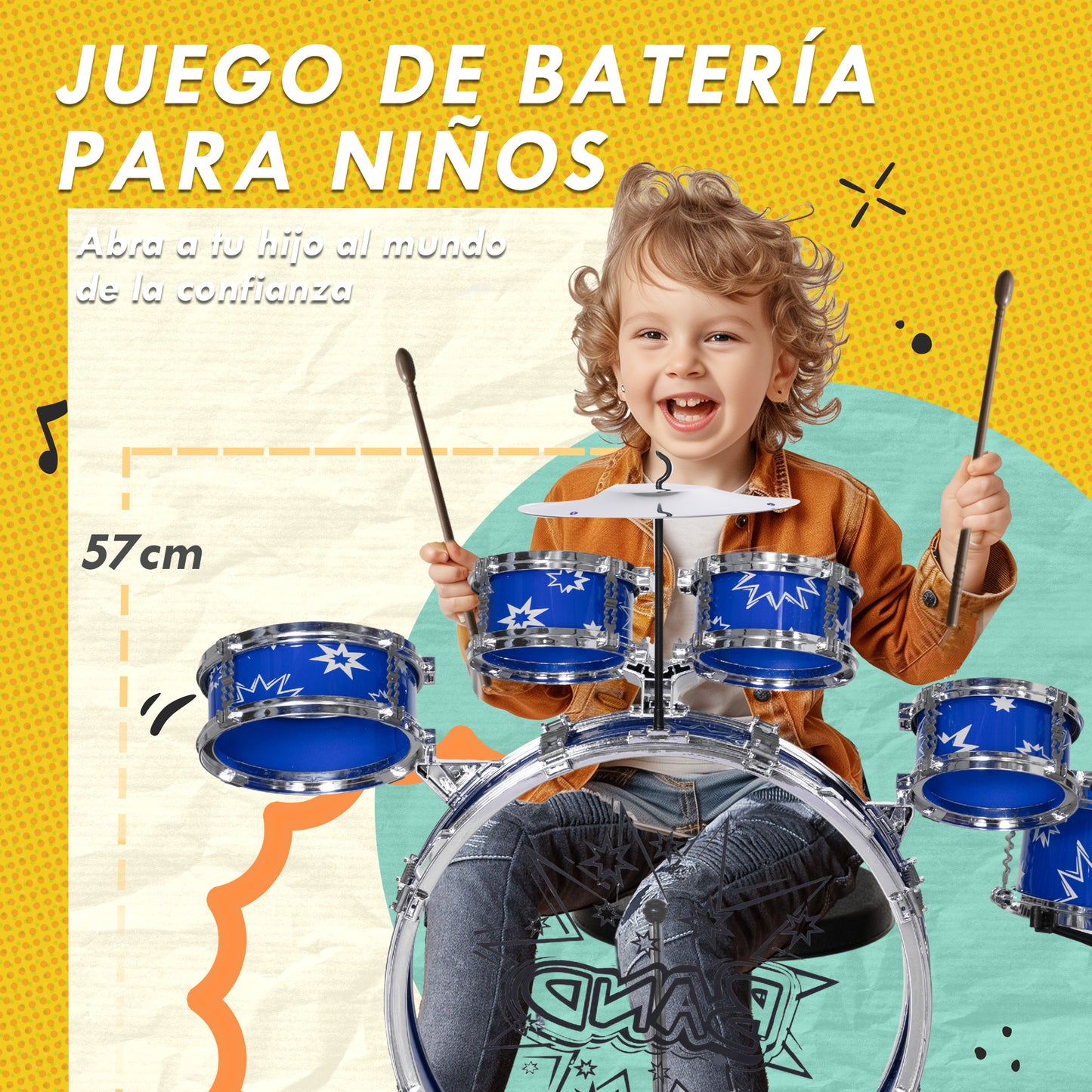 AIYAPLAY Batería Infantil con Taburete Batería para Niños de +3 Años con Tambores Bombo Platillo Pedal y Baquetas Diseño con Tema de Estrellas 65x22x57 cm Azul