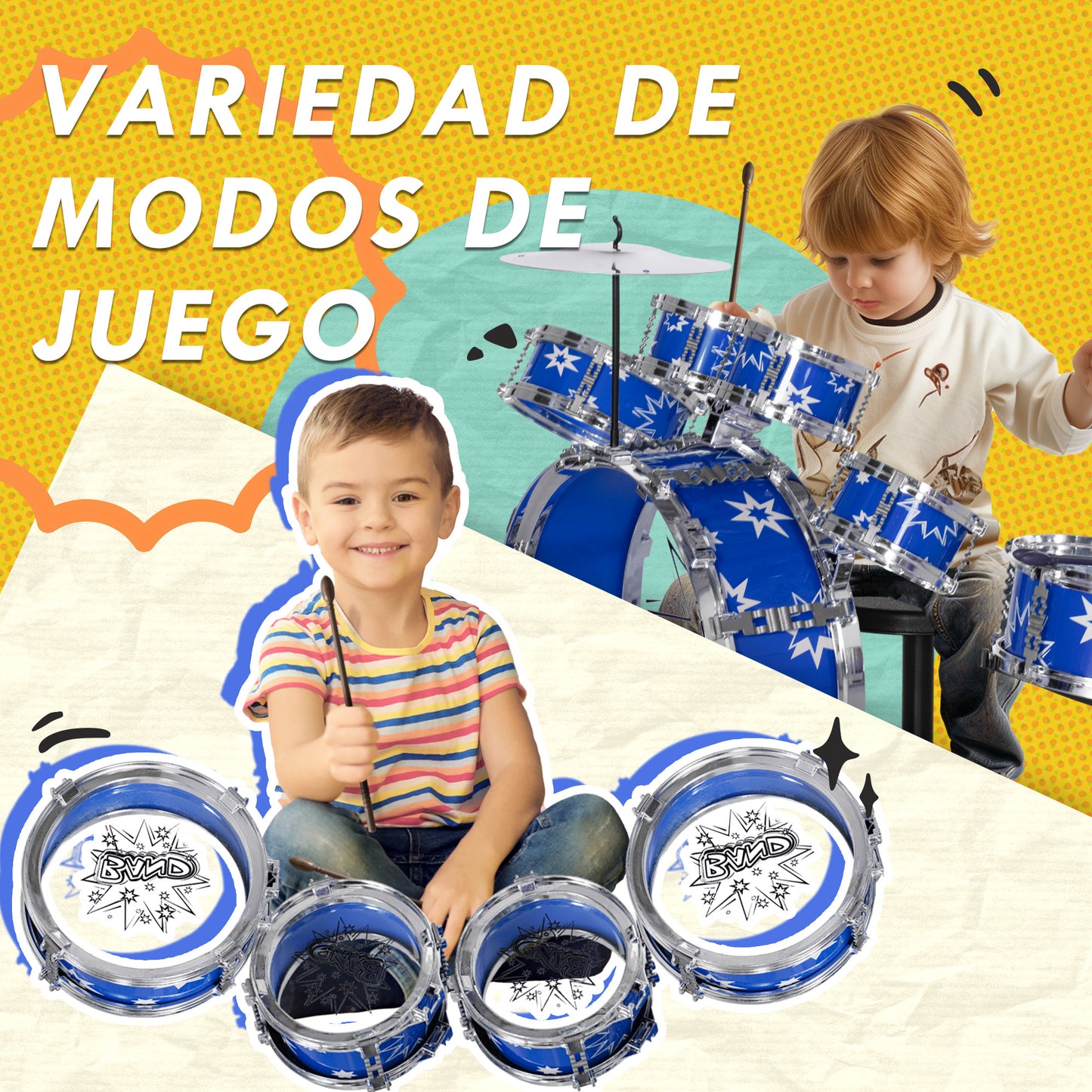 AIYAPLAY Batería Infantil con Taburete Batería para Niños de +3 Años con Tambores Bombo Platillo Pedal y Baquetas Diseño con Tema de Estrellas 65x22x57 cm Azul