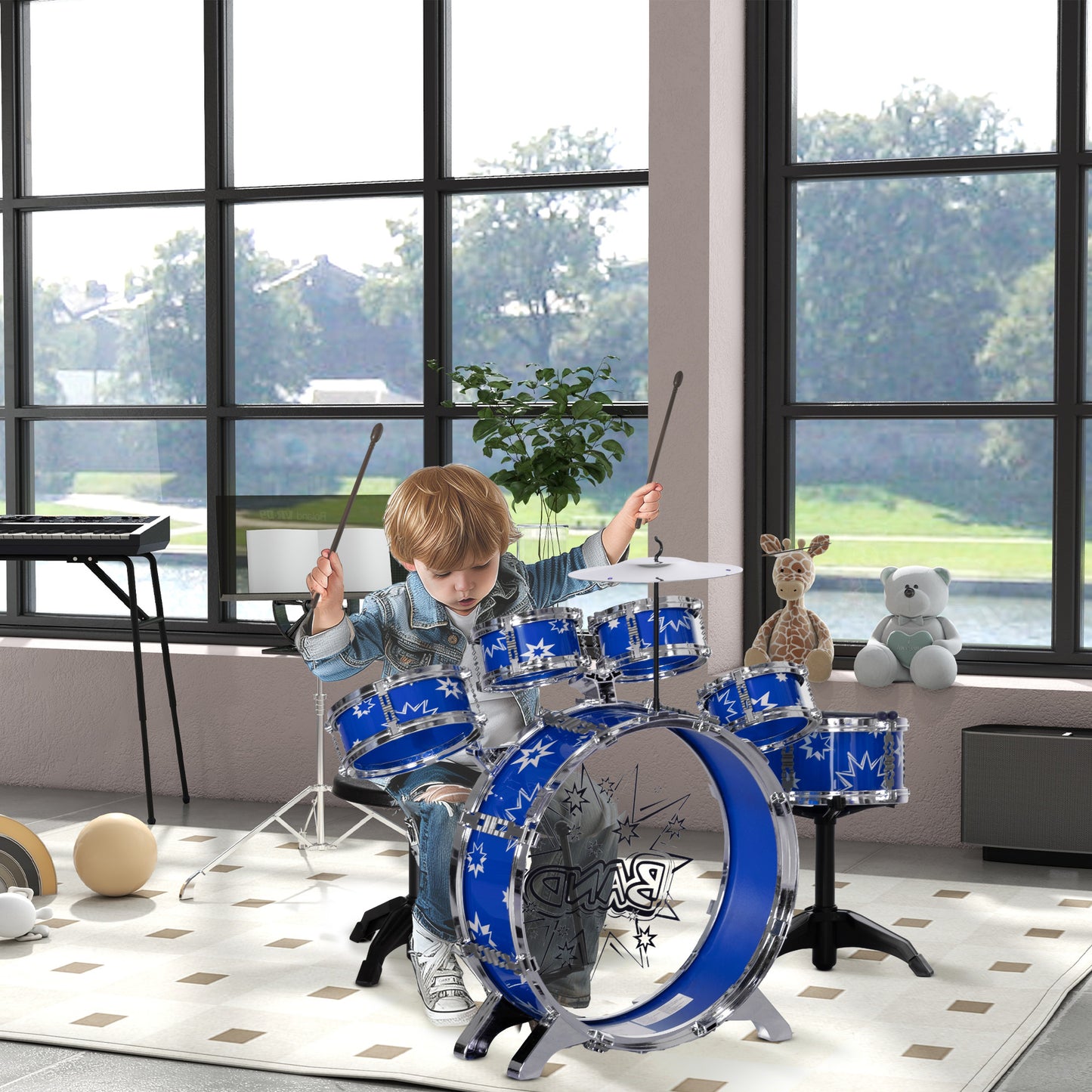 AIYAPLAY Batería Infantil con Taburete Batería para Niños de +3 Años con Tambores Bombo Platillo Pedal y Baquetas Diseño con Tema de Estrellas 65x22x57 cm Azul