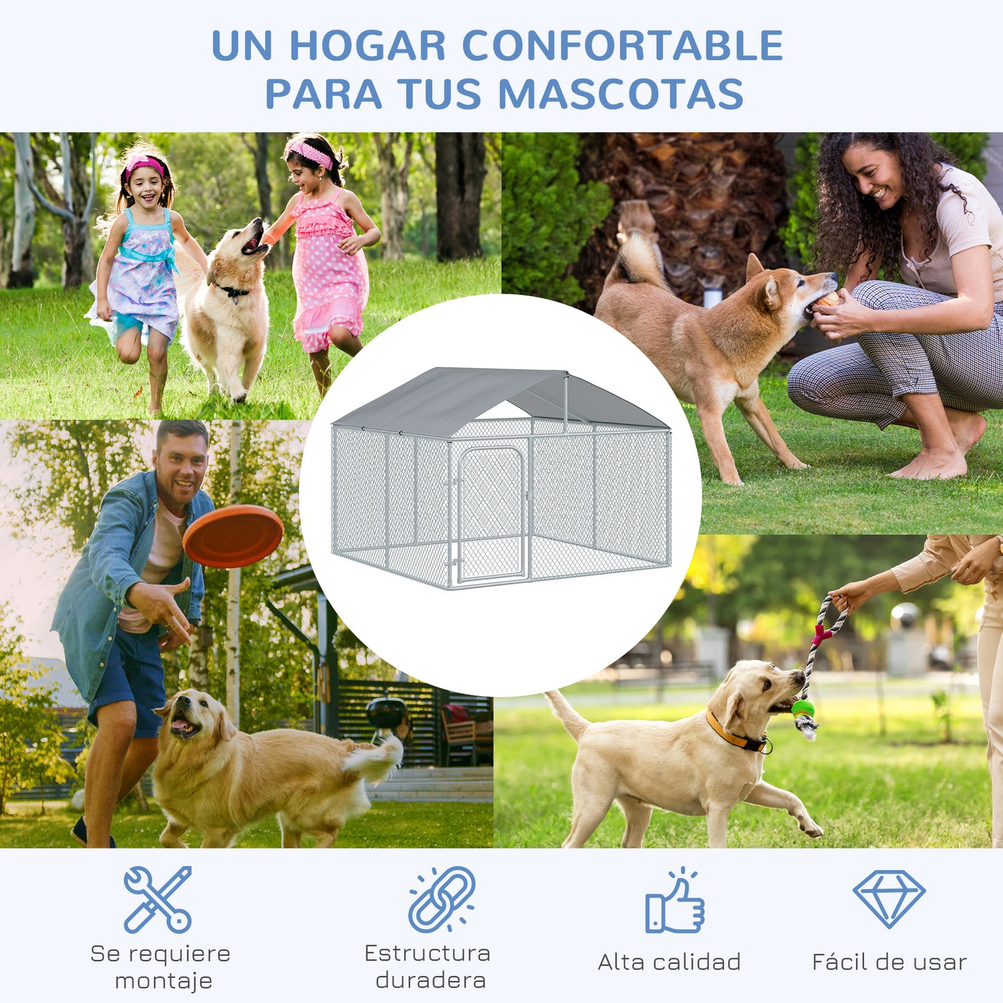 PawHut Perrera de Exterior con Toldo Jaula para Perros con 1 Puerta Anti-UV Impermeable y Marco de Acero para Jardín Patio 230x230x175 cm Plata