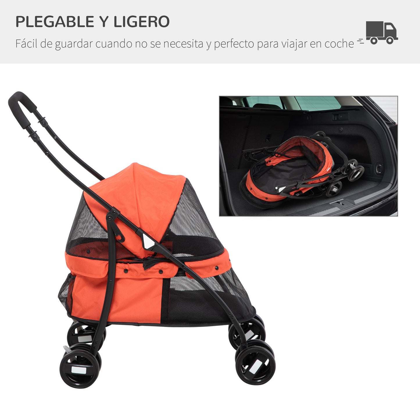 PawHut Carrito para Perros Plegable Cochecito para Mascotas Cochecito para Perros Pequeños con Ventanas de Malla Cojín Lavable Correas de Seguridad y Marco de Acero Rojo