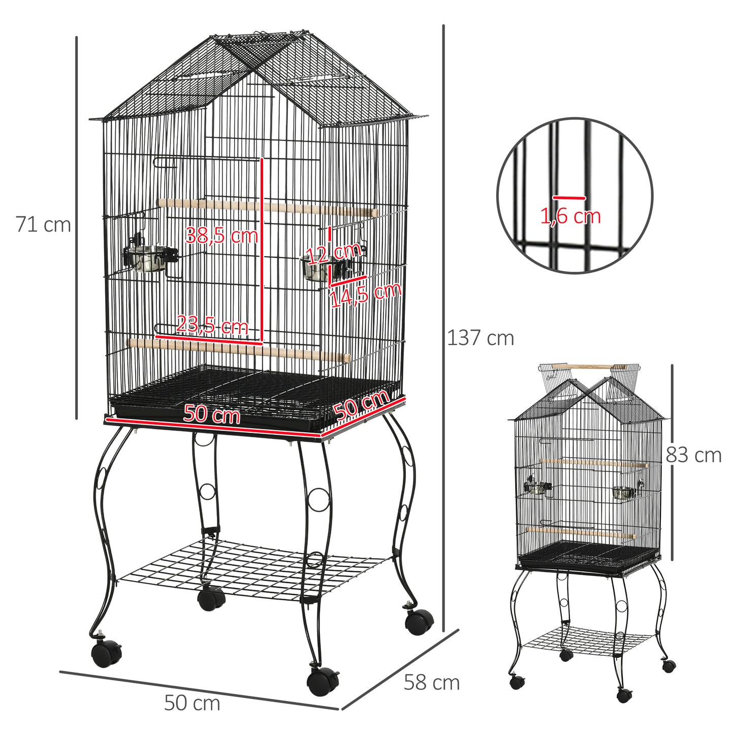 PawHut Jaula para Pájaros 50x58x145 cm Pajarera Metálica con 3 Puertas 2 Comederos 3 Perchas Bandeja Extraíble Estante Abierto y 4 Ruedas para Canarios Periquitos Negro