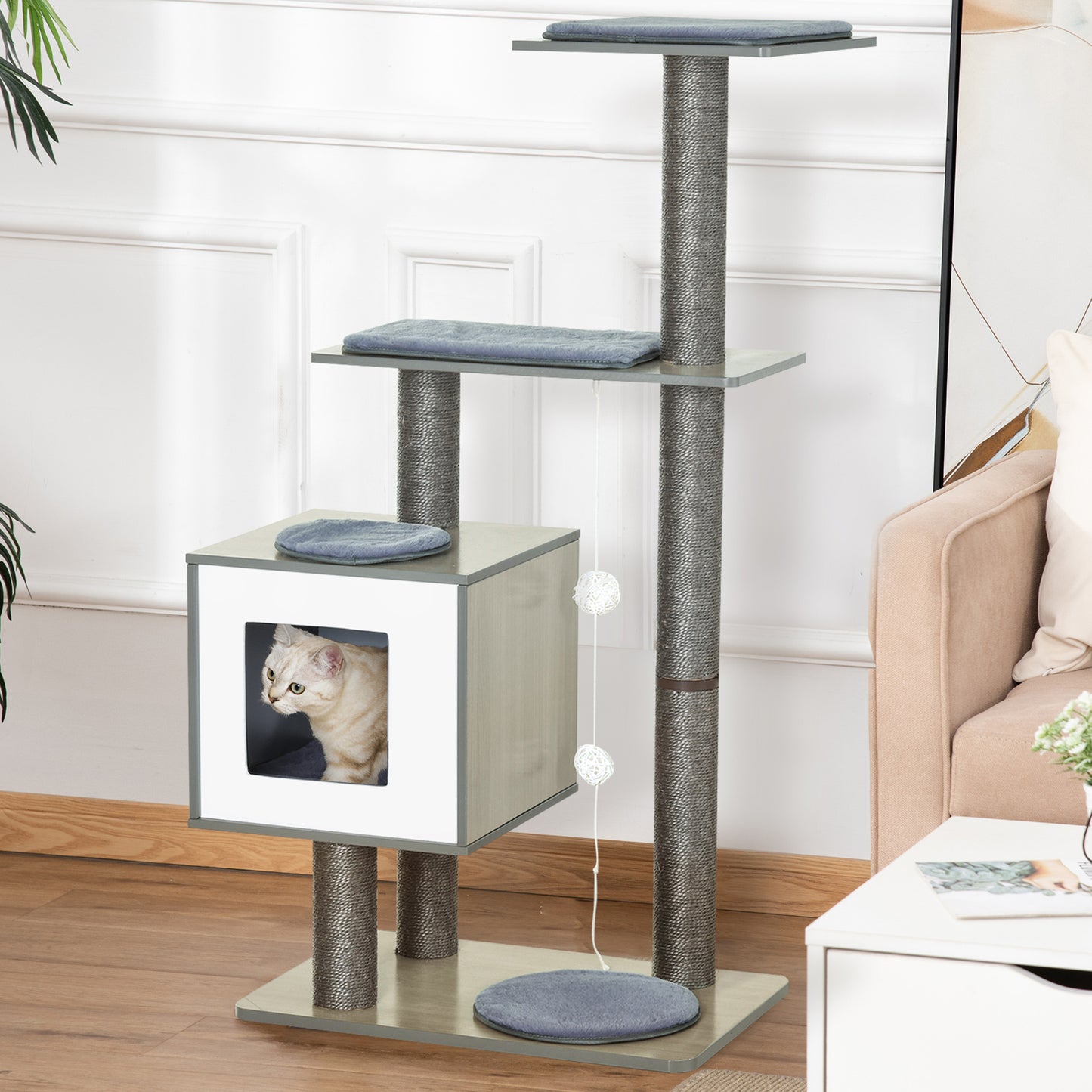 PawHut Árbol Rascador para Gatos de Madera 71,5x49,5x120 cm Torre de Gato con Cueva Plataformas Postes Rascadores de Sisal Cojines de Felpa Suave y Bolas Colgantes Gris