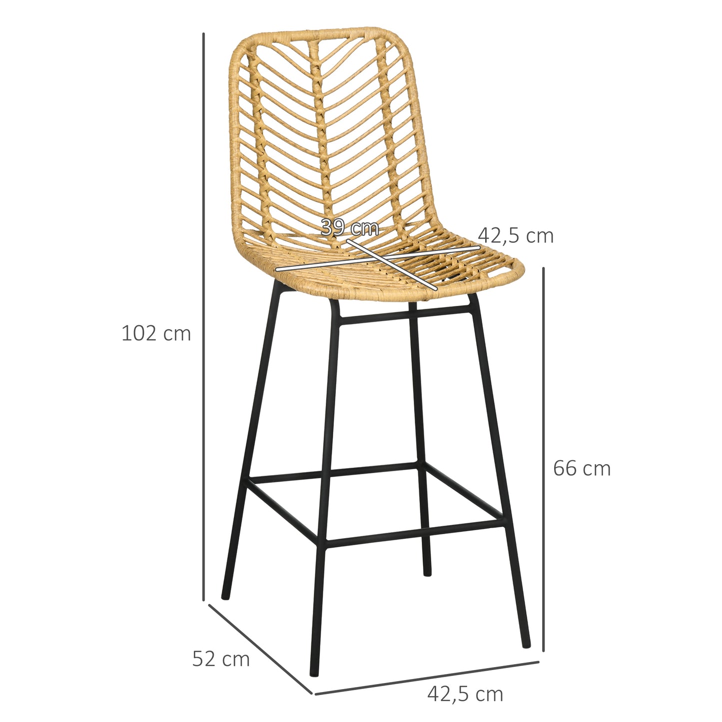 HOMCOM Conjunto de 4 Taburetes de Bar Modernos Taburetes Altos de Cocina con Asiento de Ratán Sintético y Patas de Acero Carga 120 kg para Comedor Sala 42,5x52x102 cm Natural