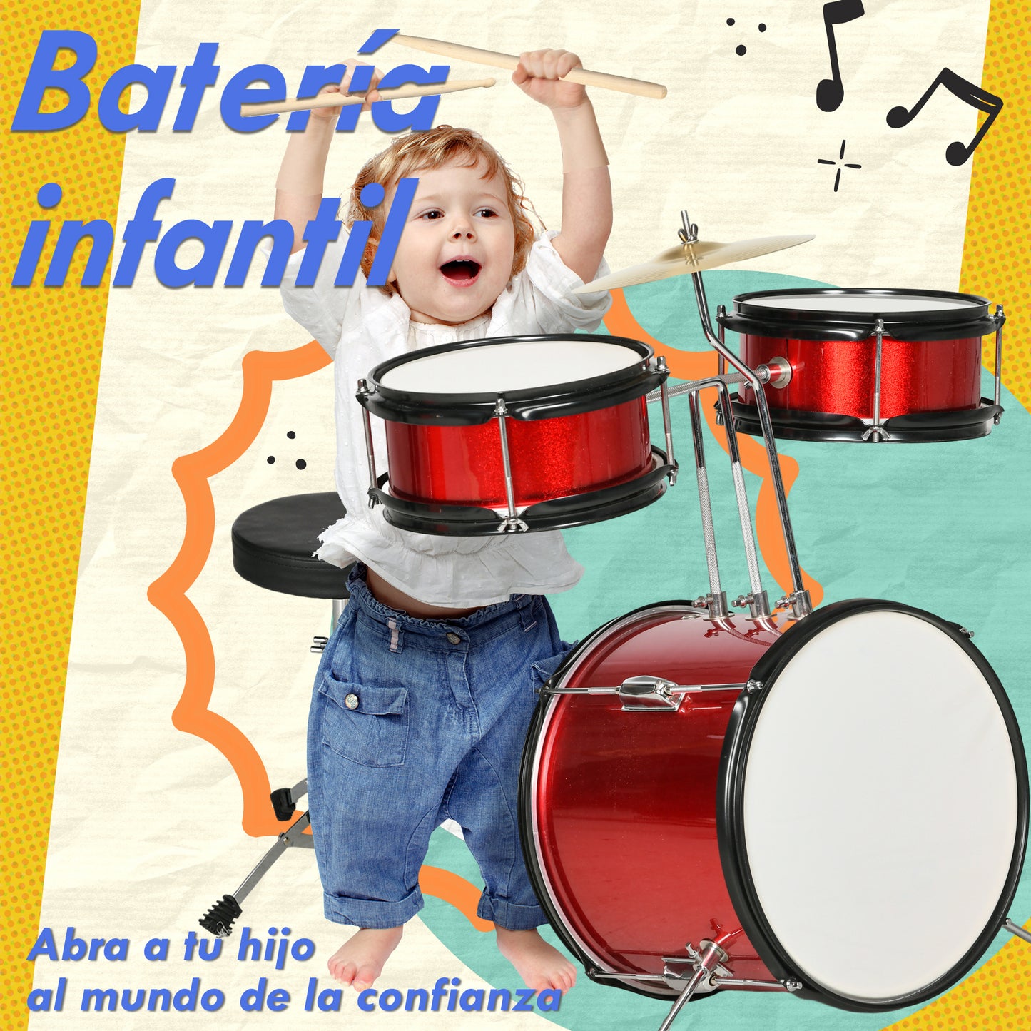 AIYAPLAY Batería Infantil con Taburete Ajustable Batería para Niños de +3 Años con Tambores Bombo Platillo Pedal y Baquetas 80x60x48-65 cm Rojo