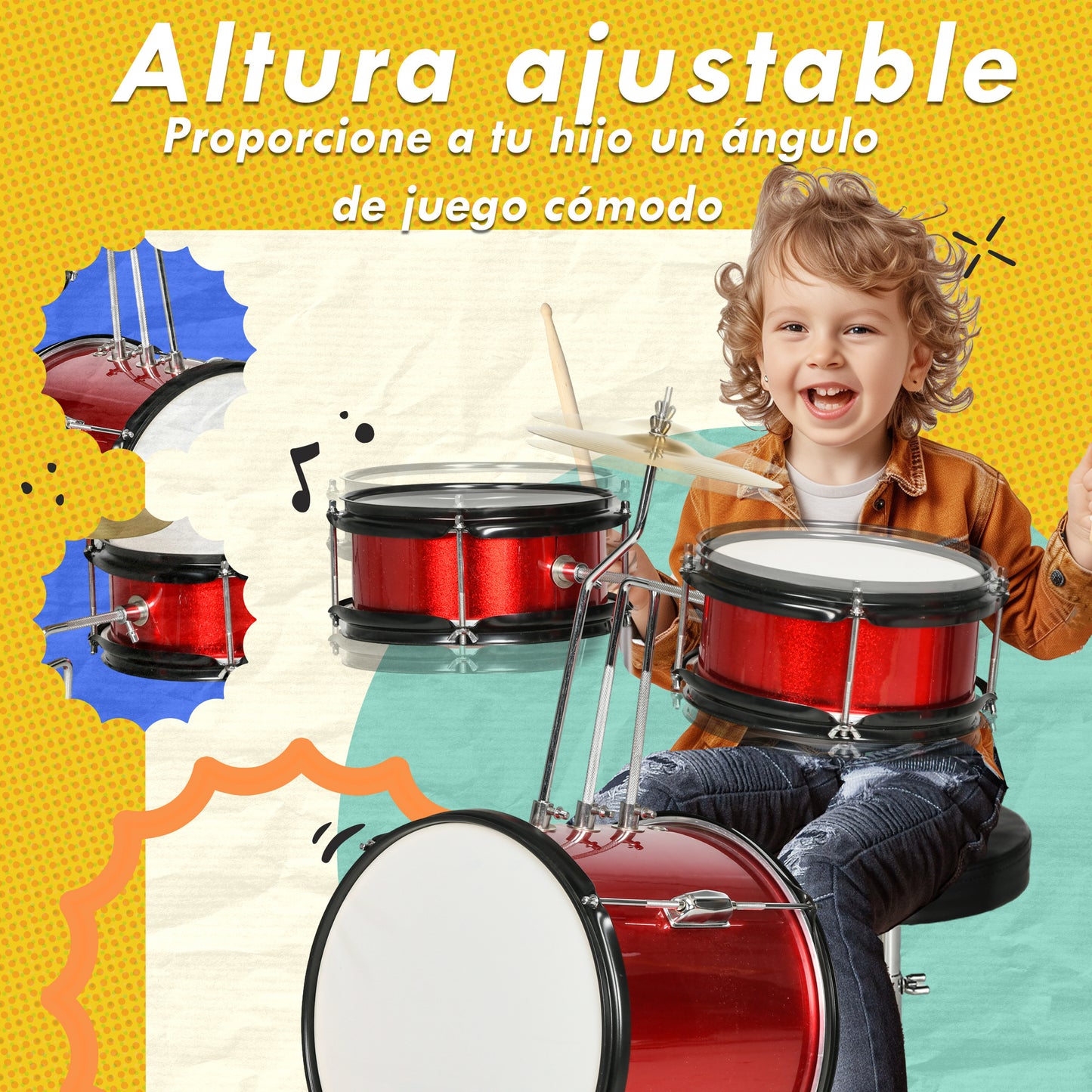 AIYAPLAY Batería Infantil con Taburete Ajustable Batería para Niños de +3 Años con Tambores Bombo Platillo Pedal y Baquetas 80x60x48-65 cm Rojo