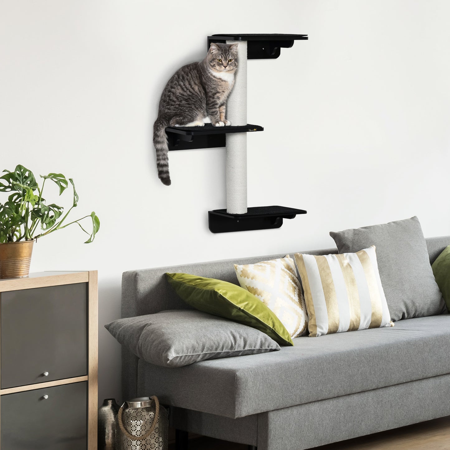 PawHut Árbol para Gatos de Pared con 3 Plataformas Cojín Extraíble y 2 Postes Rascadores de Sisal Torre para Escalar 63x28x93,5 cm Negro y Blanco