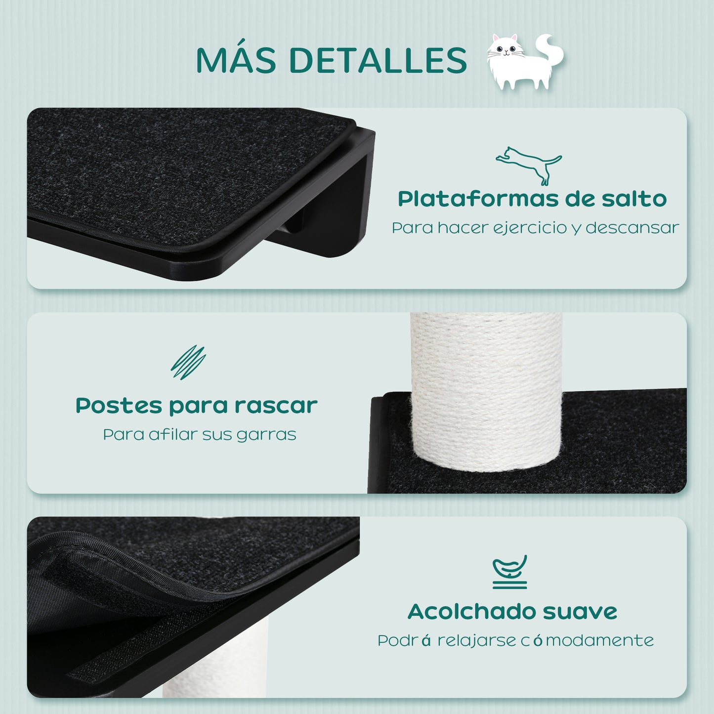 PawHut Árbol para Gatos de Pared con 3 Plataformas Cojín Extraíble y 2 Postes Rascadores de Sisal Torre para Escalar 63x28x93,5 cm Negro y Blanco