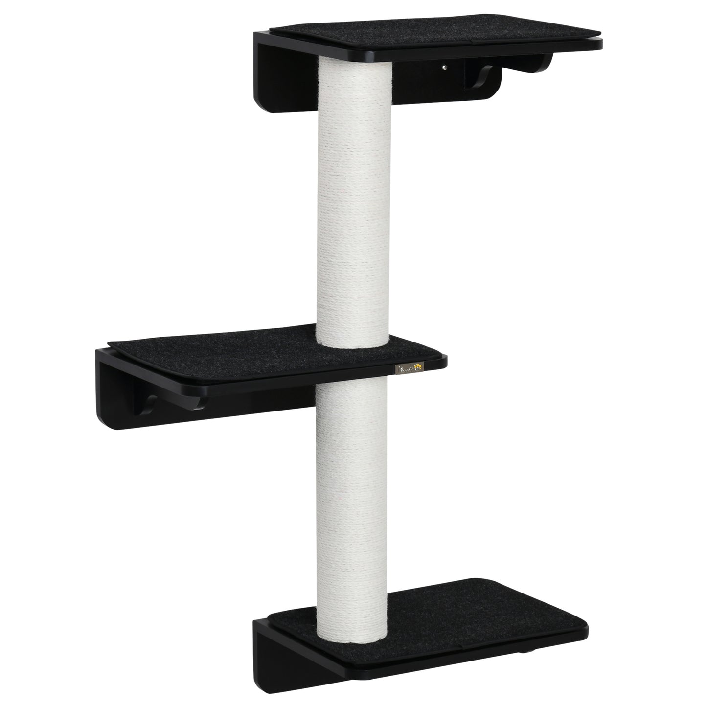 PawHut Árbol para Gatos de Pared con 3 Plataformas Cojín Extraíble y 2 Postes Rascadores de Sisal Torre para Escalar 63x28x93,5 cm Negro y Blanco