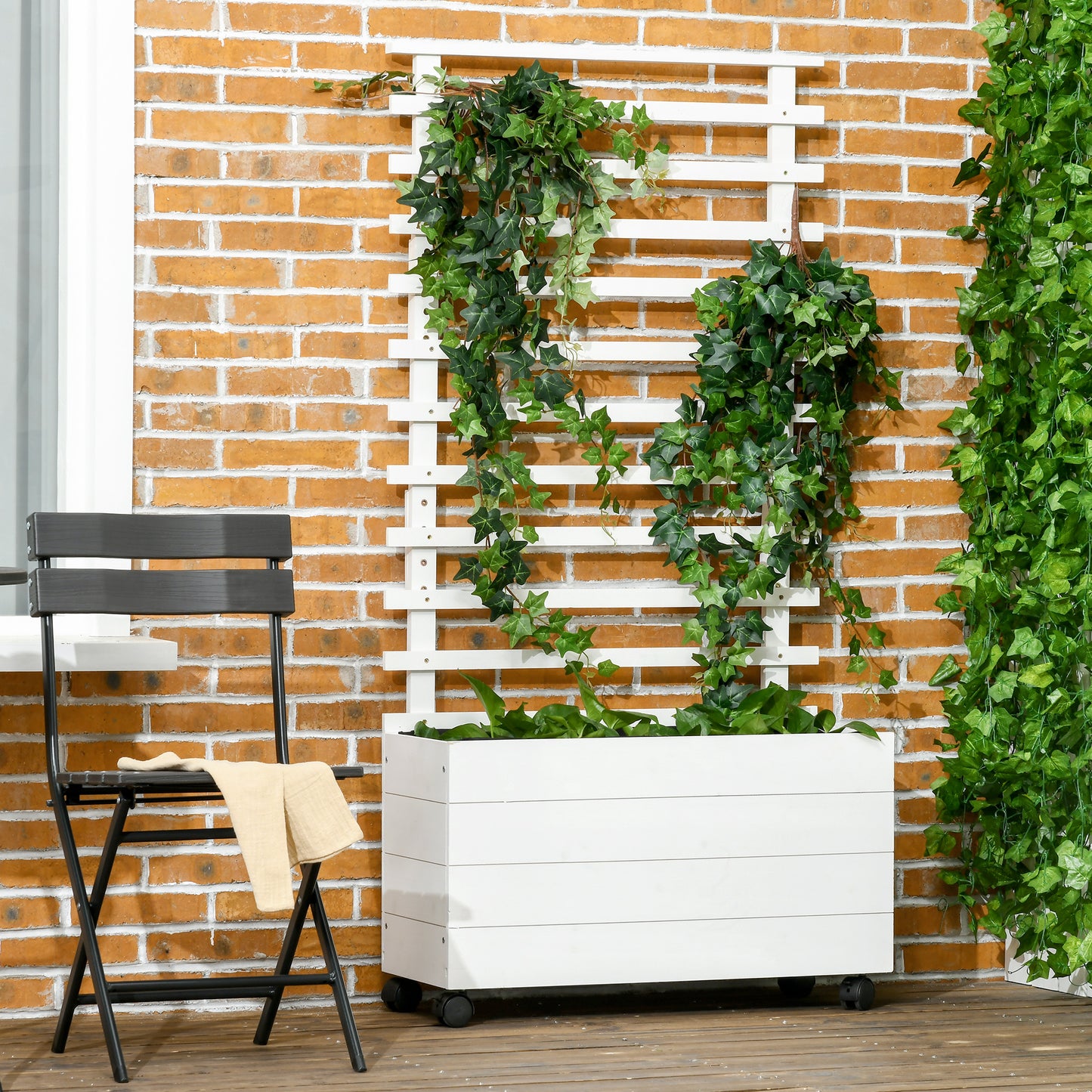 Outsunny Jardinera con Enrejado de Madera Maciza con 4 Ruedas Macetero de Jardín con Soporte para Trepadora y Tela Geotextil para Cultivos Plantas Flores en Exterior 76x30x155 cm Blanco